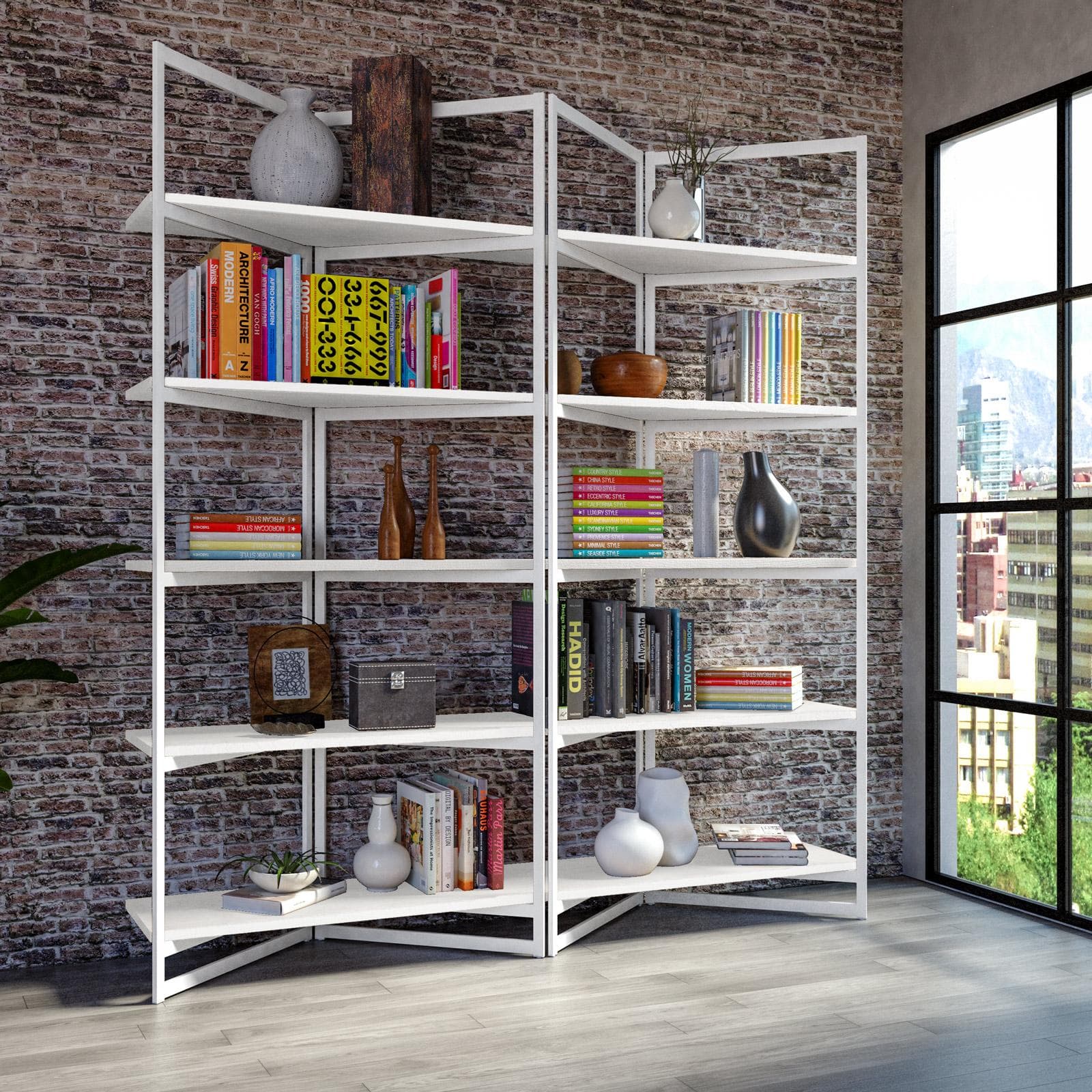 Libreria 180x200h cm con ripiani effetto rovere sussex e struttura a V in metallo bianco - Apta