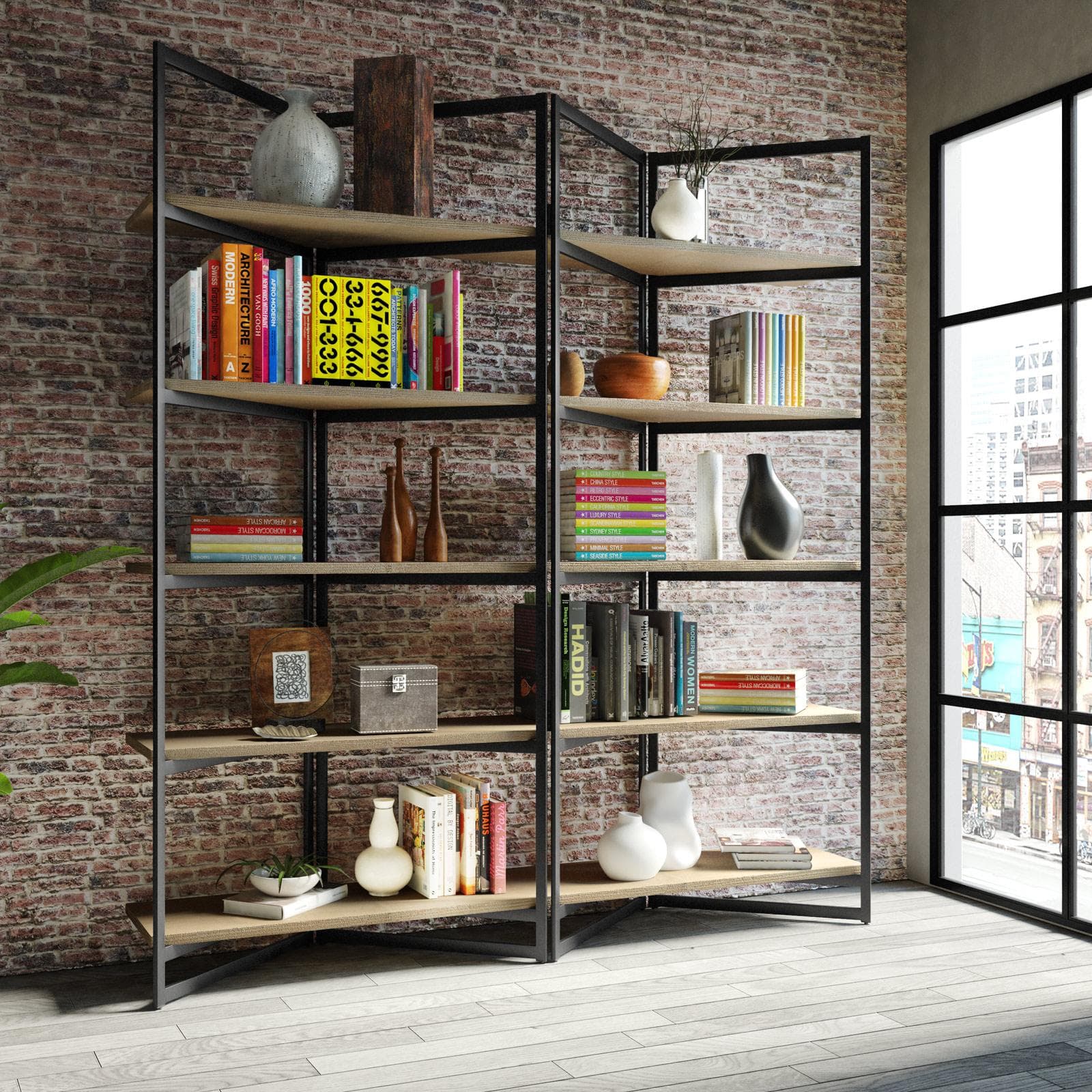Libreria 180x200h cm con ripiani effetto rovere sussex e struttura a V in metallo nero - Apta