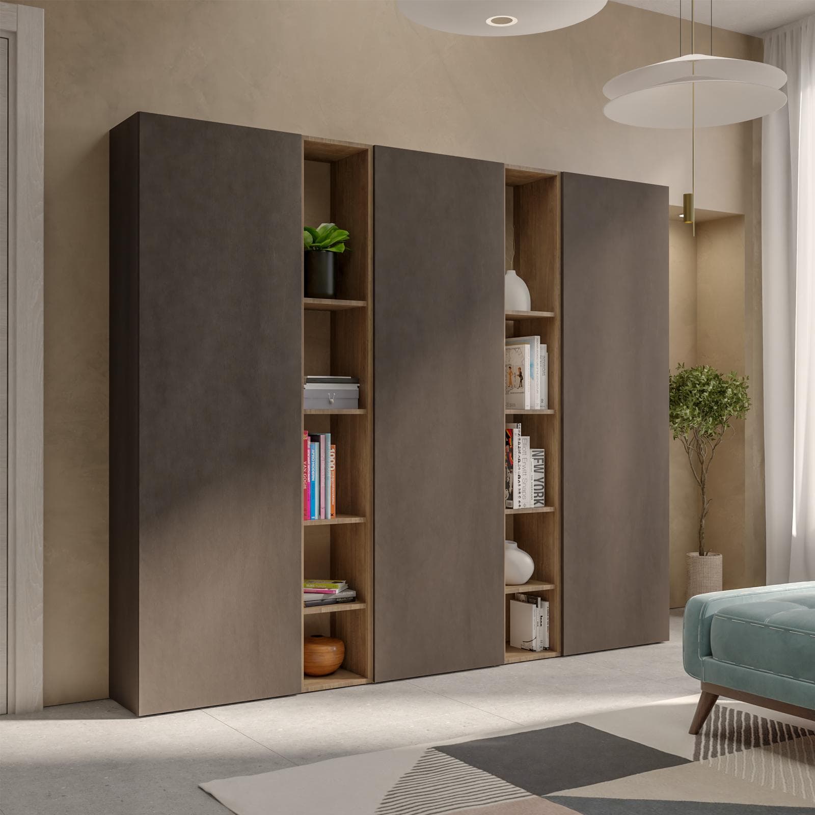 Libreria 217x185h cm 5 elementi con vani a giorno mercure e 3 ante lava - Clary