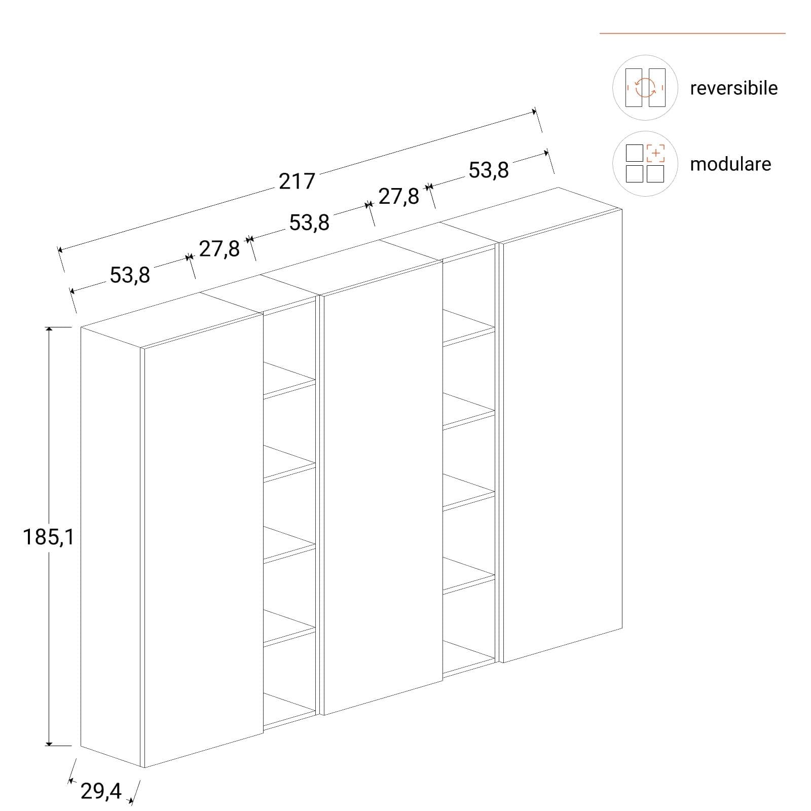Libreria 217x185h cm 5 elementi bronzo con vani a giorno e 3 ante - Clary