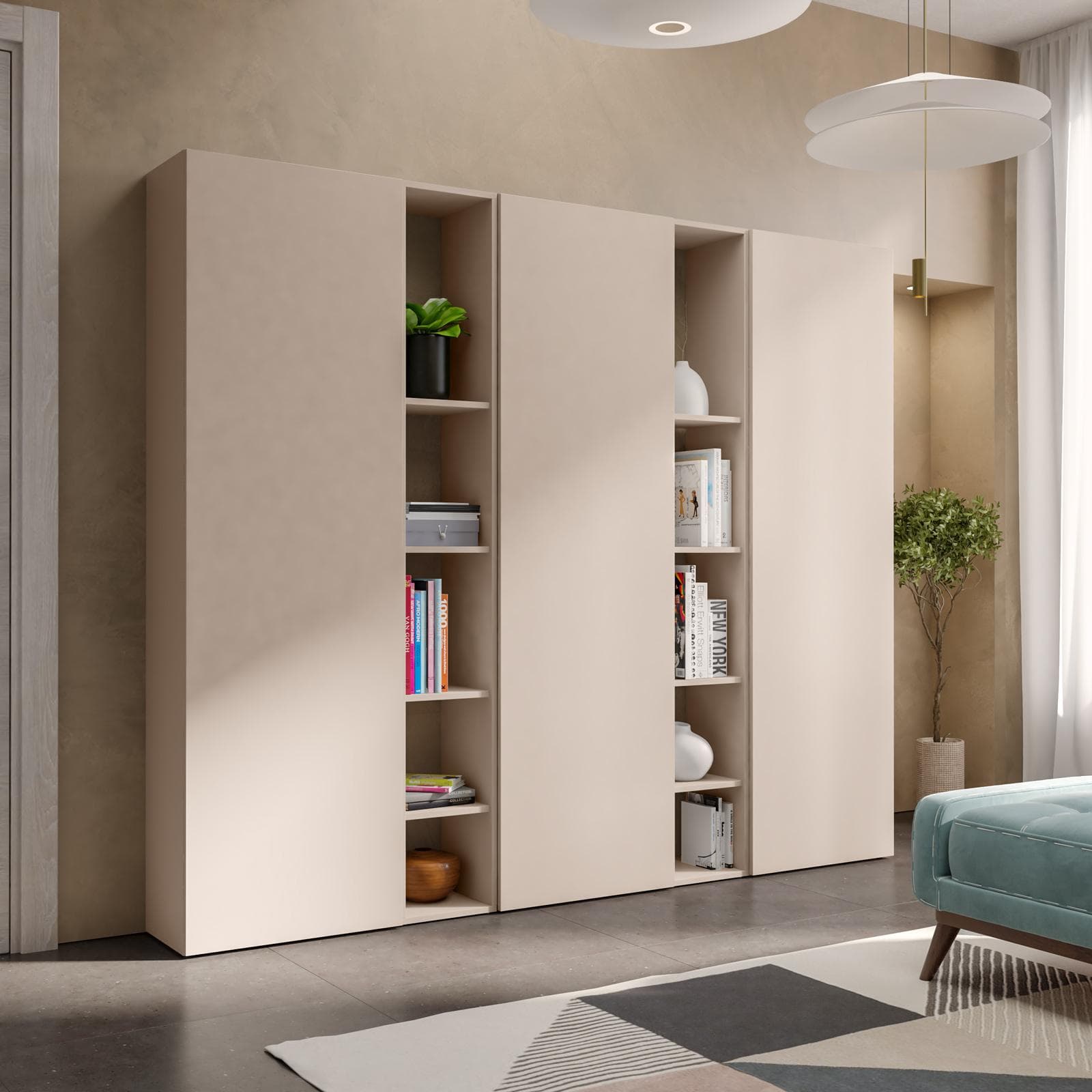 Libreria 217x185h cm 5 elementi cashmere con vani a giorno e 3 ante - Clary