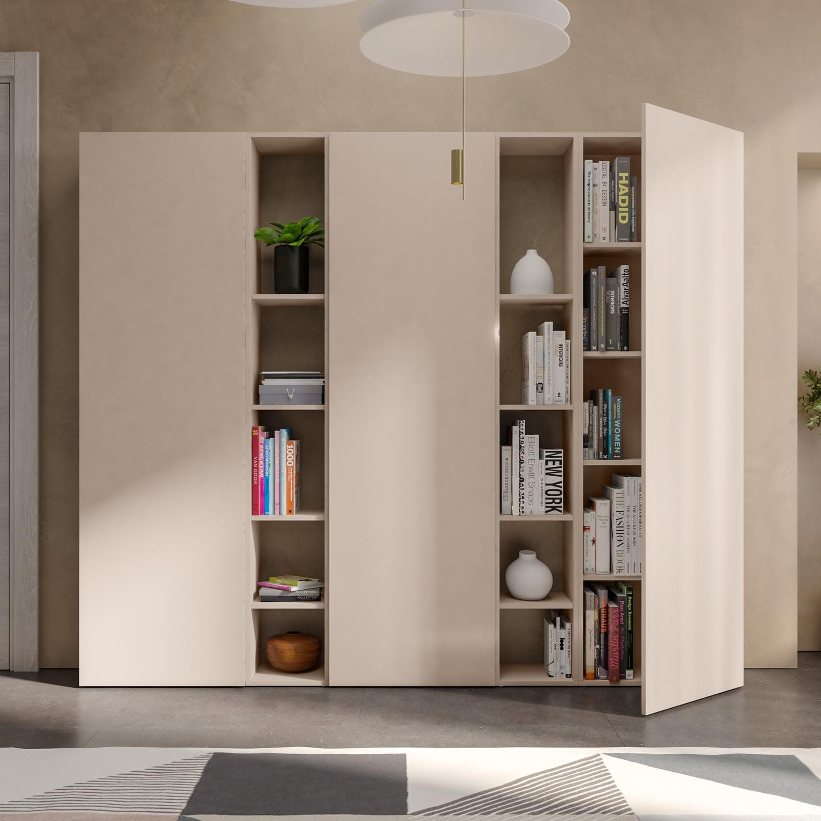 Libreria 217x185h cm 5 elementi cashmere con vani a giorno e 3 ante - Clary