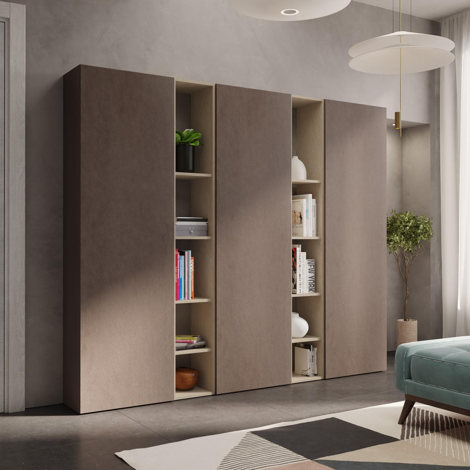 Libreria 217x185h cm 5 elementi con vani a giorno argilla e 3 ante bronzo - Clary