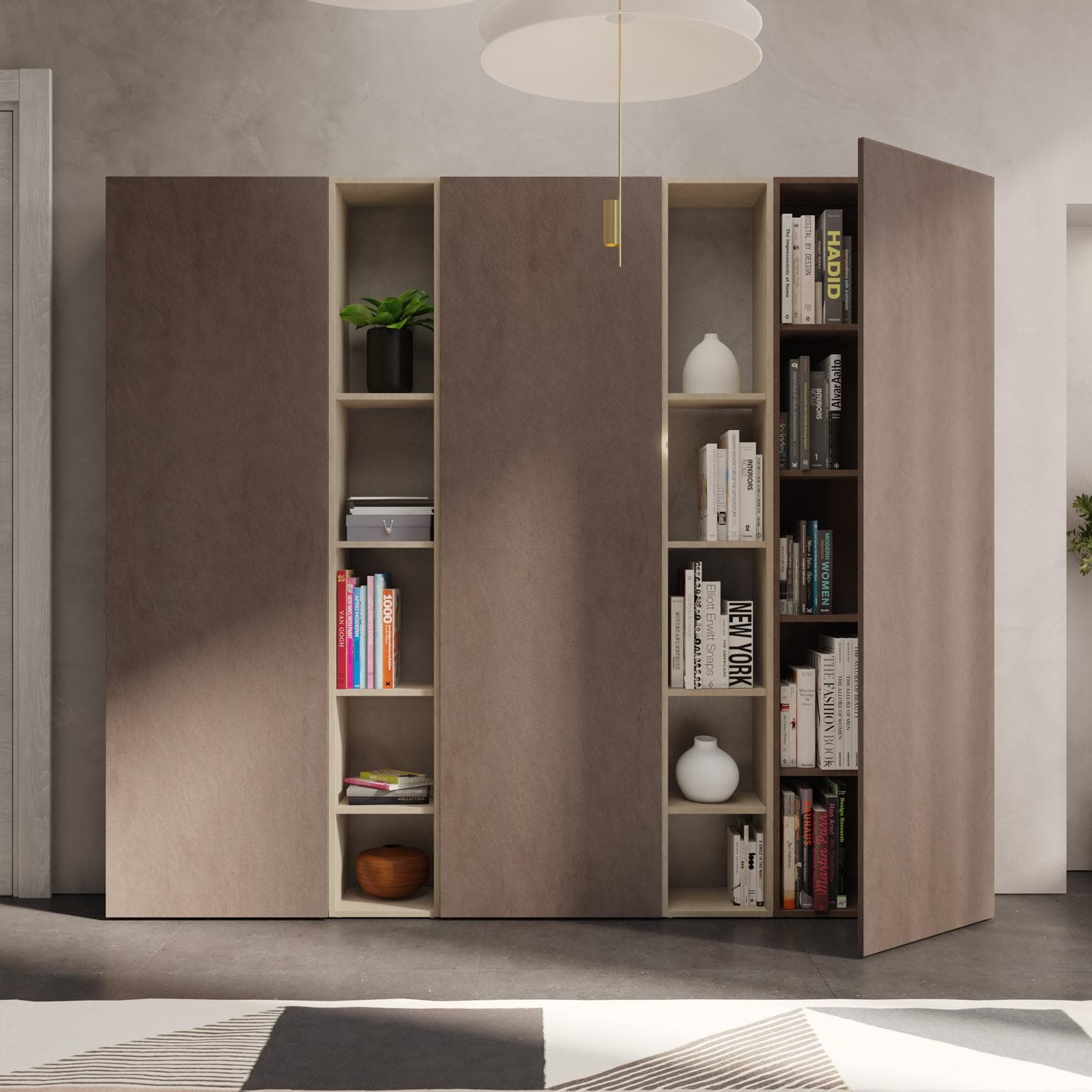 Libreria 217x185h cm 5 elementi con vani a giorno argilla e 3 ante bronzo - Clary
