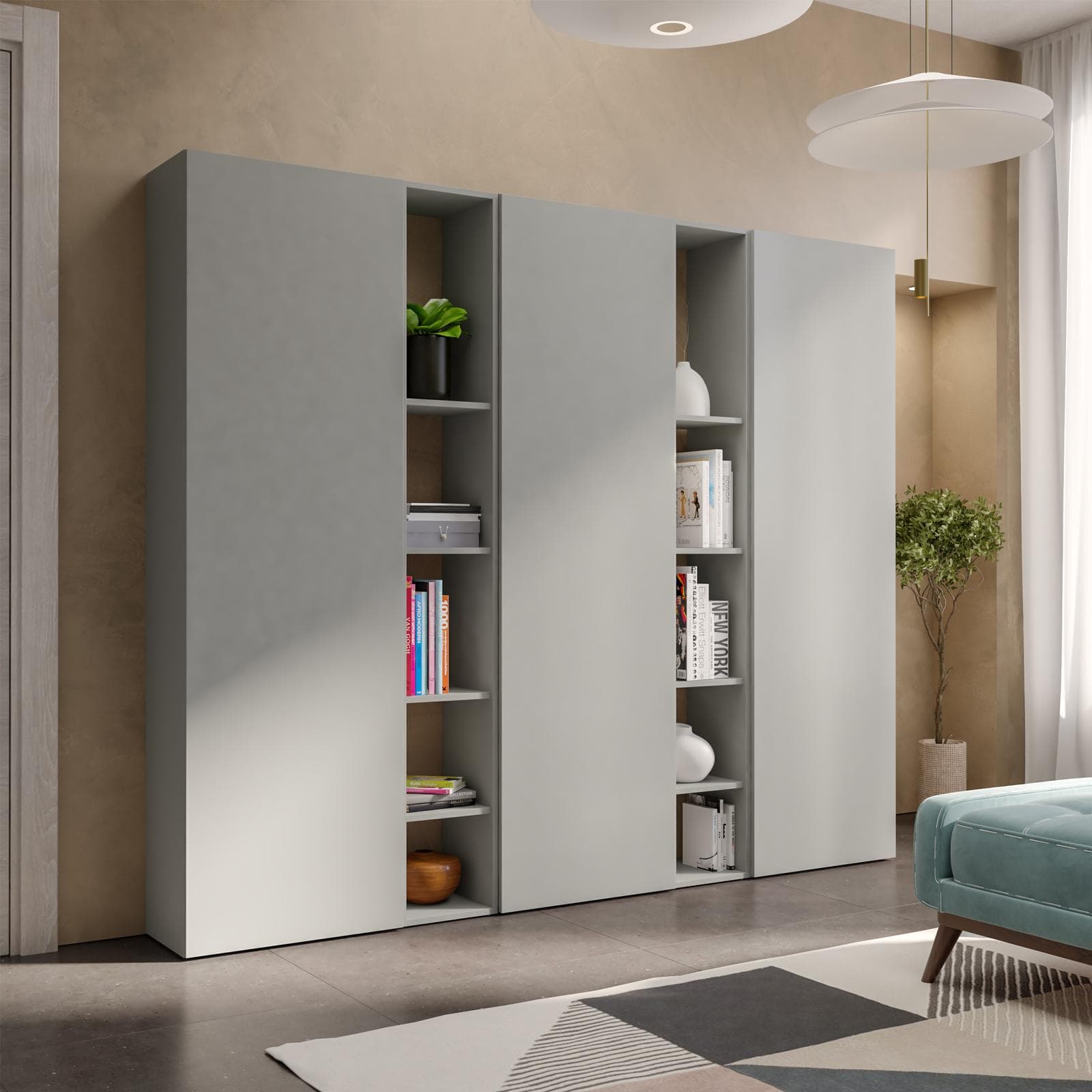 Libreria 217x185h cm 5 elementi ardesia con vani a giorno e 3 ante - Clary