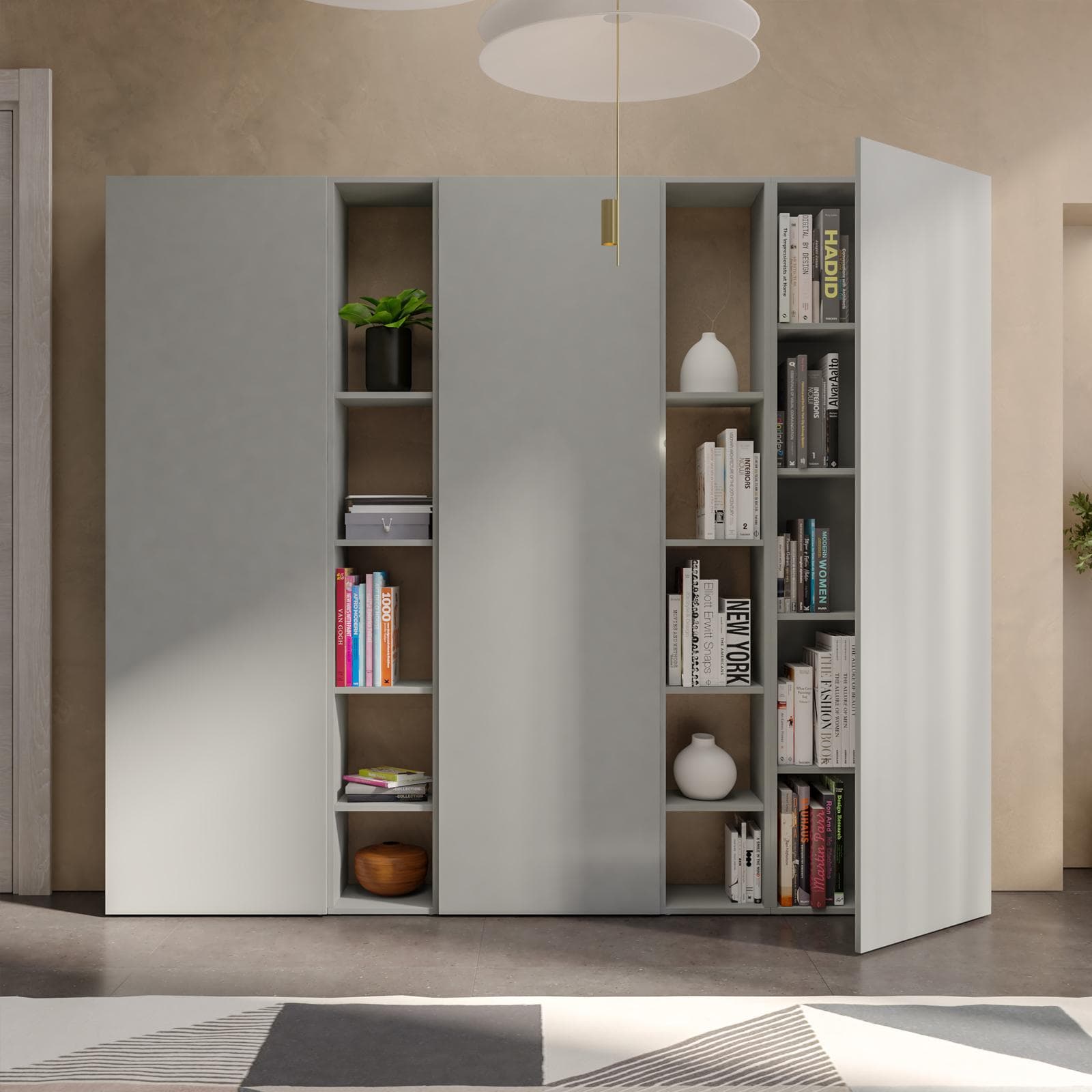 Libreria 217x185h cm 5 elementi ardesia con vani a giorno e 3 ante - Clary