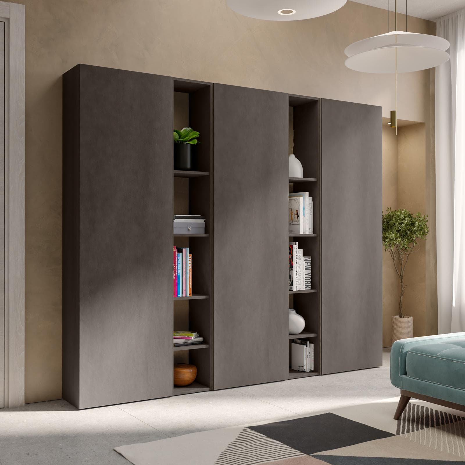 Libreria 217x185h cm 5 elementi lava con vani a giorno e 3 ante - Clary