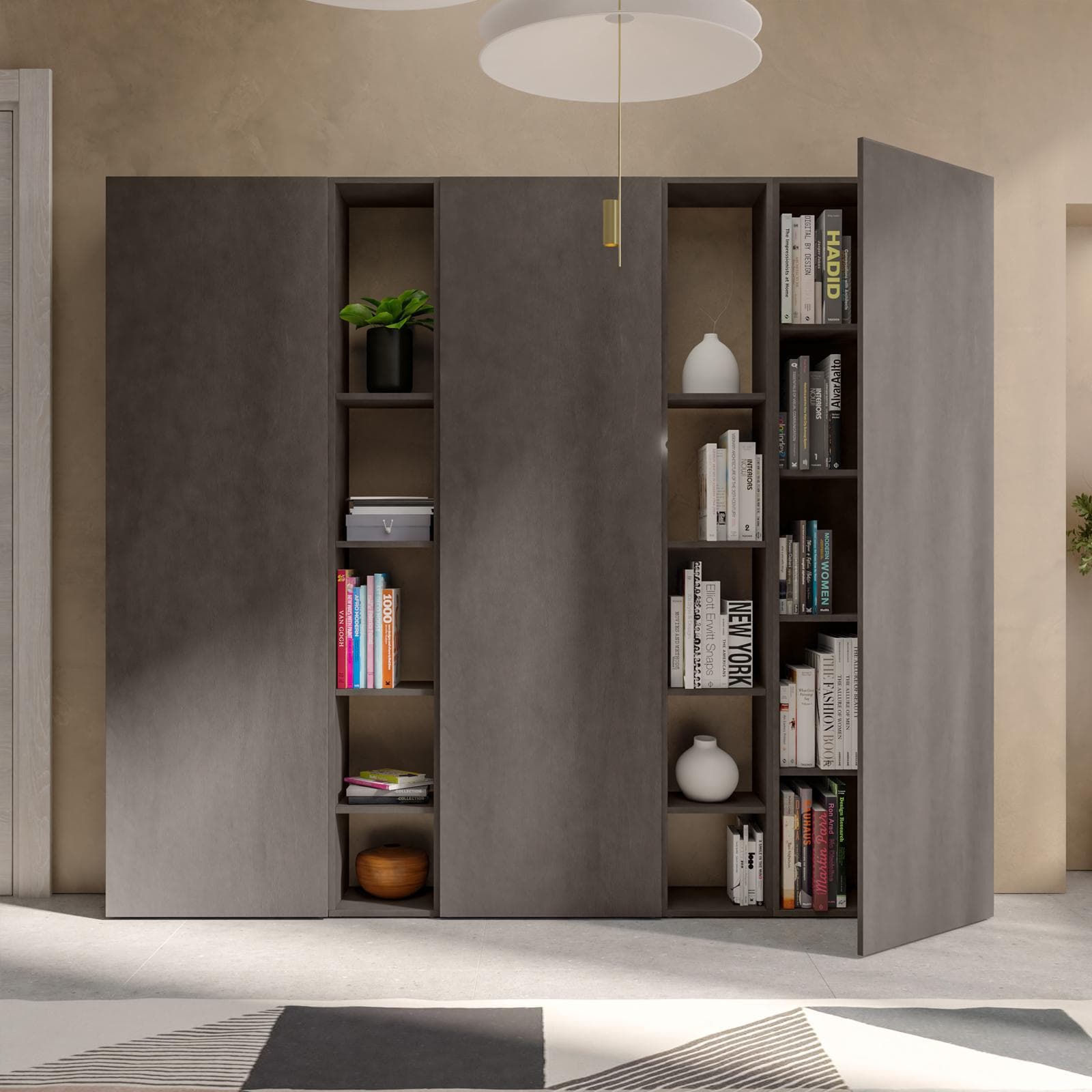 Libreria 217x185h cm 5 elementi lava con vani a giorno e 3 ante - Clary