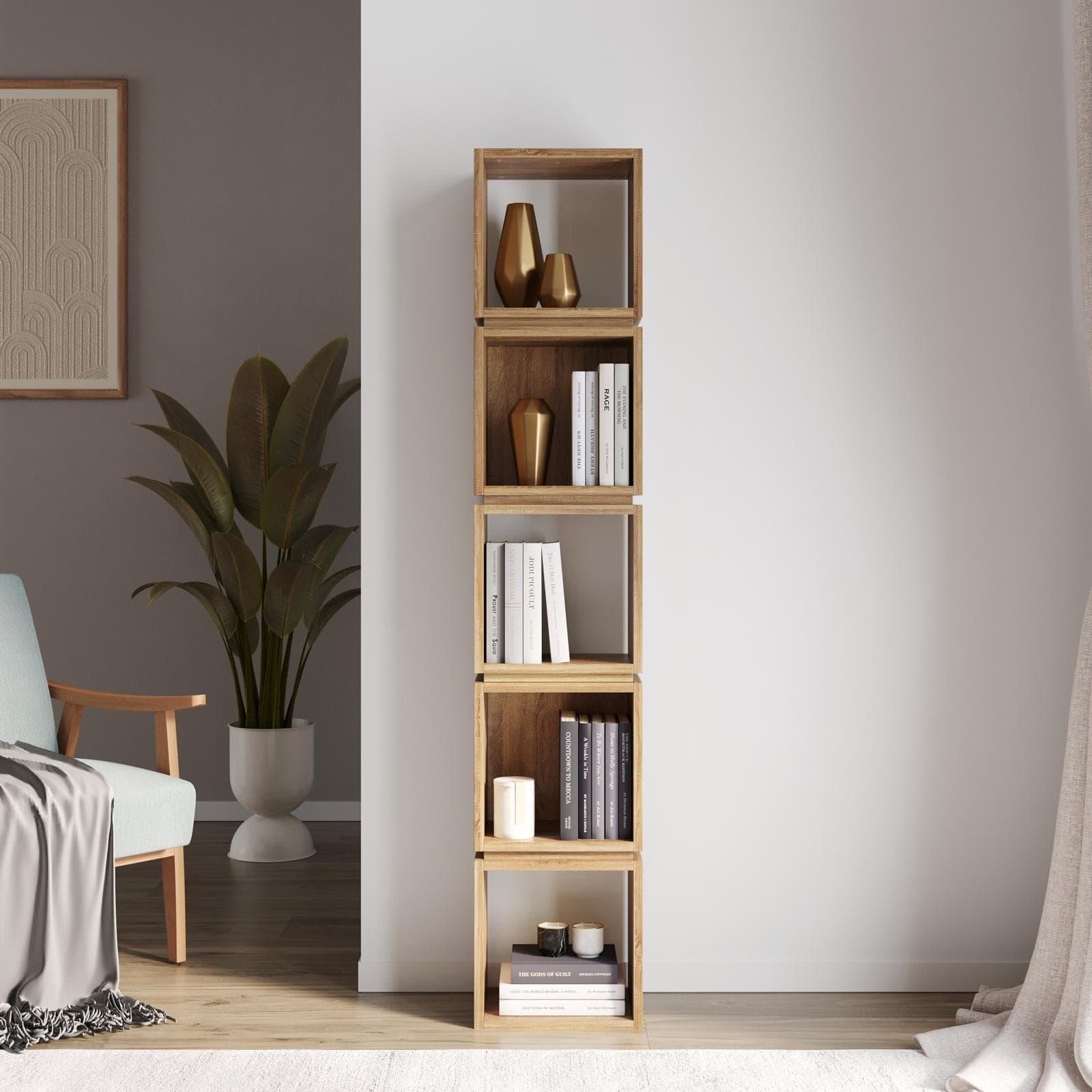 Libreria 32x167h cm effetto rovere con 5 vani - Kantiko