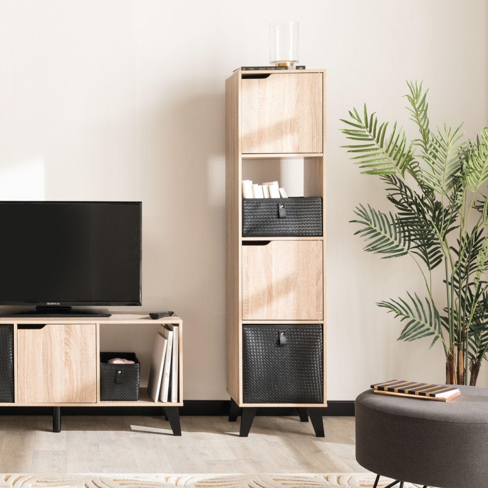Libreria 35x147h cm in legno effetto rovere naturale con 2 ante e gambe nero - Bouderie