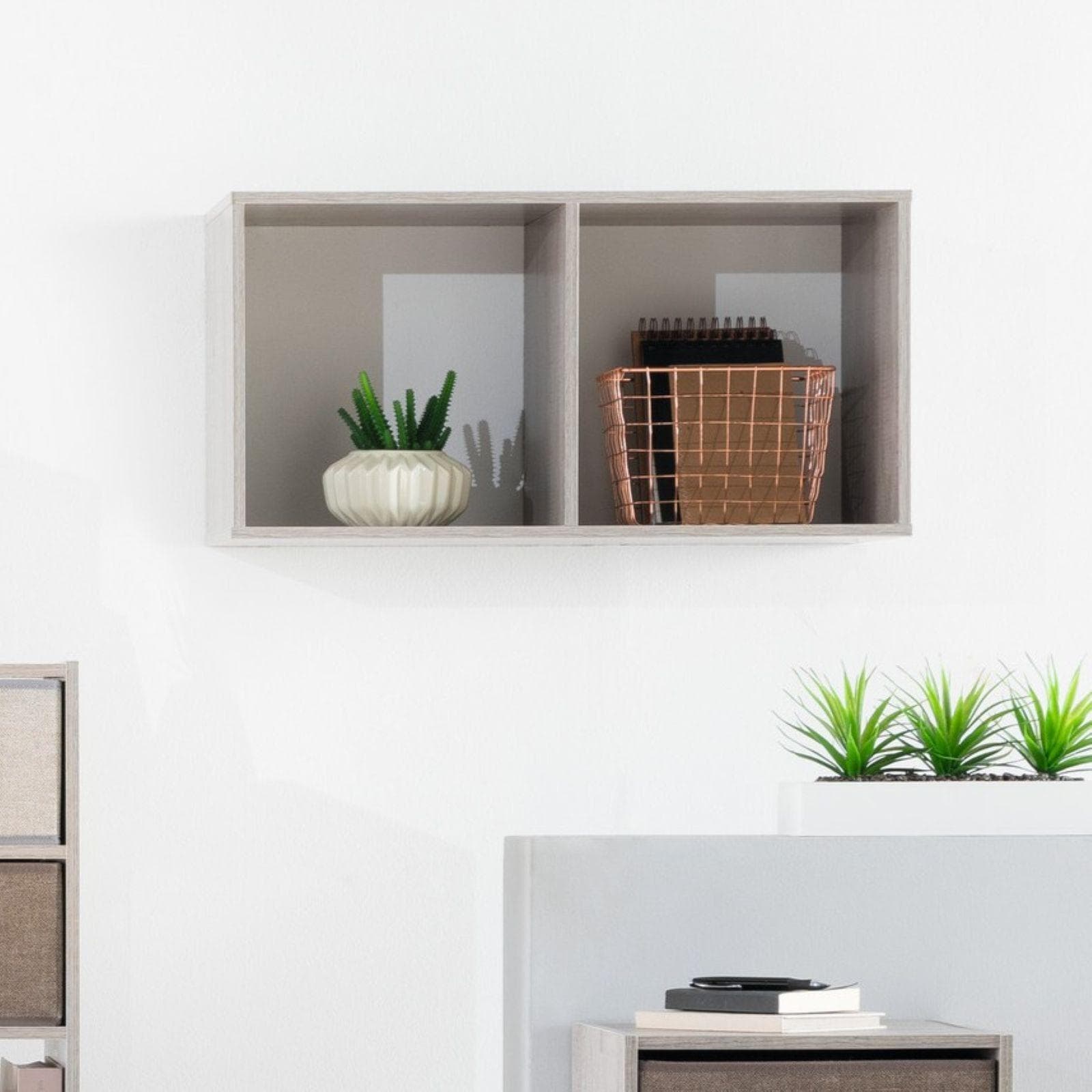 Libreria 35x68h cm effetto rovere grigio con 2 vani impilabile o sospesa - Unify
