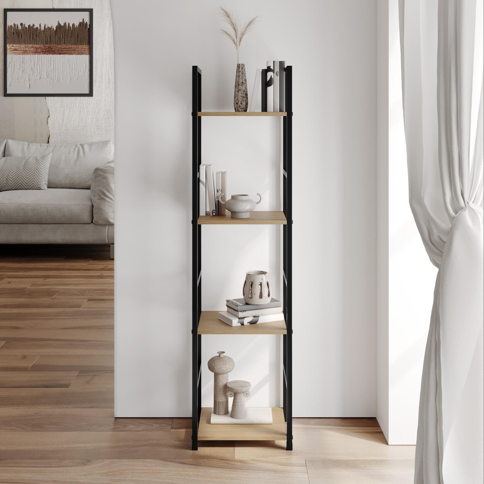 Libreria 29x112h cm in acciaio nero e legno rovere selvatico - Duke