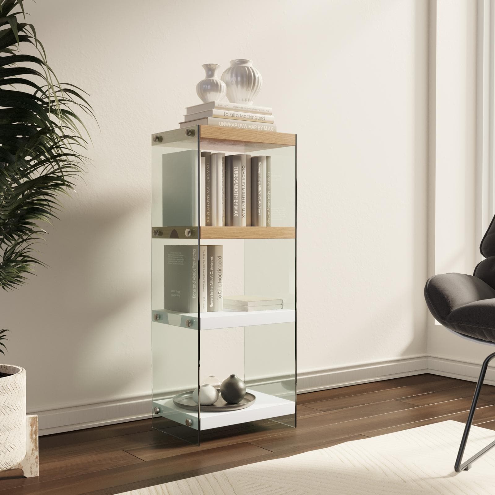 Libreria 40x100h cm in vetro temperato con ripiani bianco e rovere - City