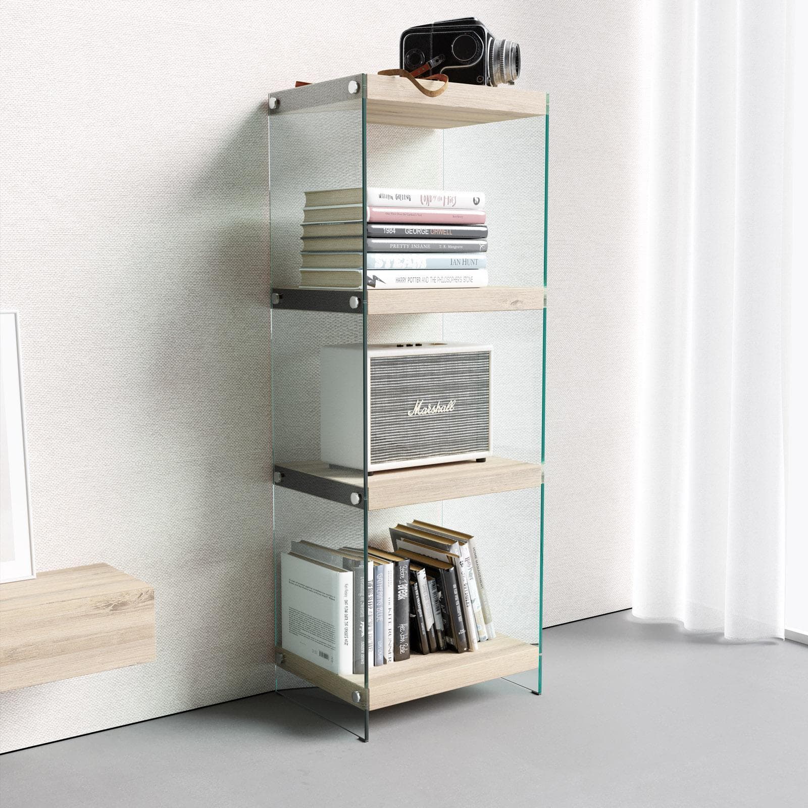 Libreria 40x100h cm in vetro temperato e ripiani legno - City
