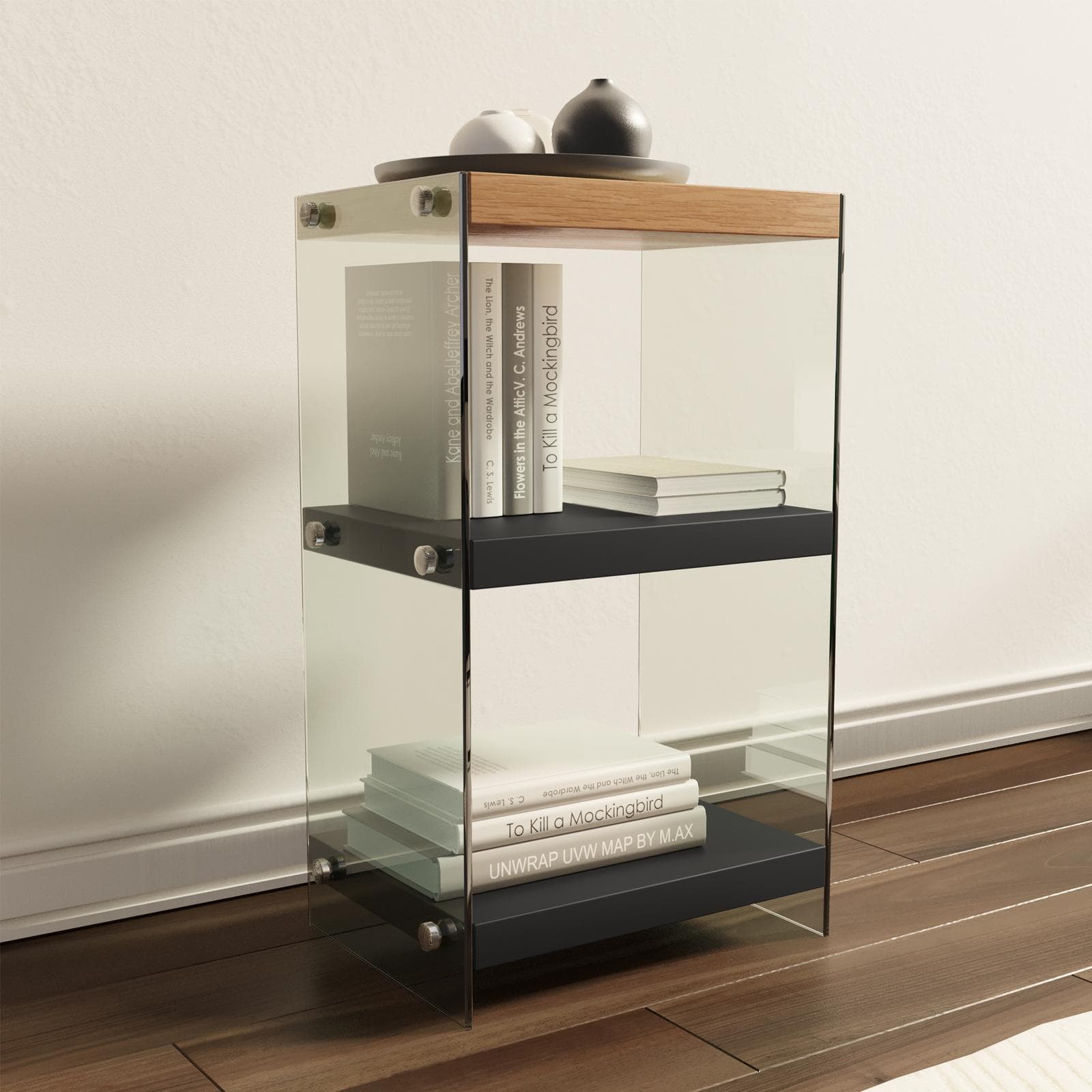 Libreria 40x70h cm in vetro temperato con ripiani nero e rovere - City