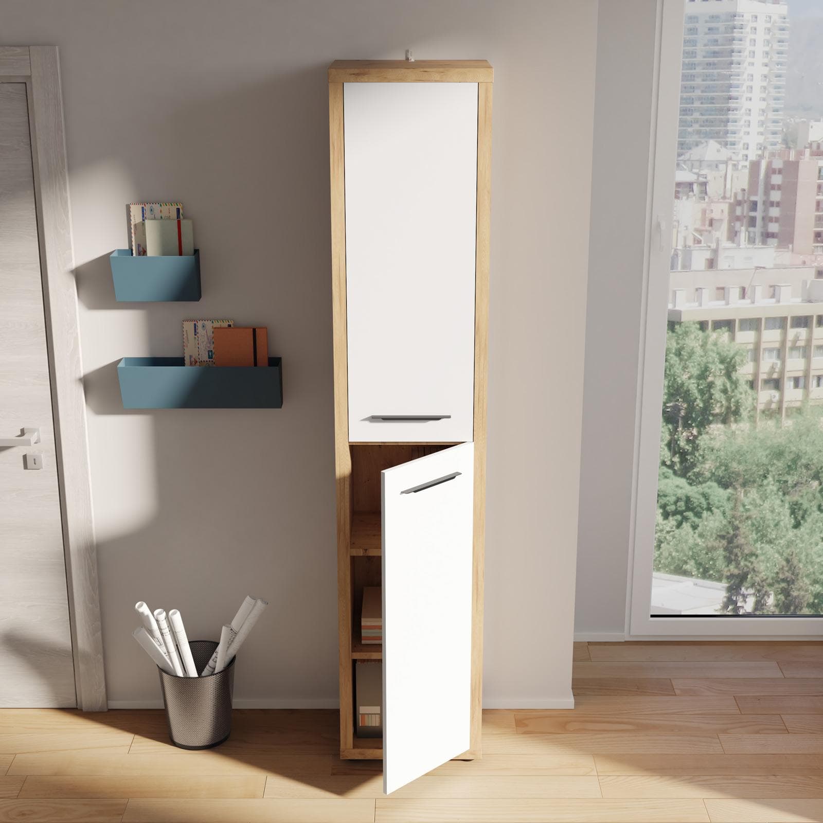 Mobile multiuso 44x217h cm rovere artisan con 2 ante bianco lucido - Homely office