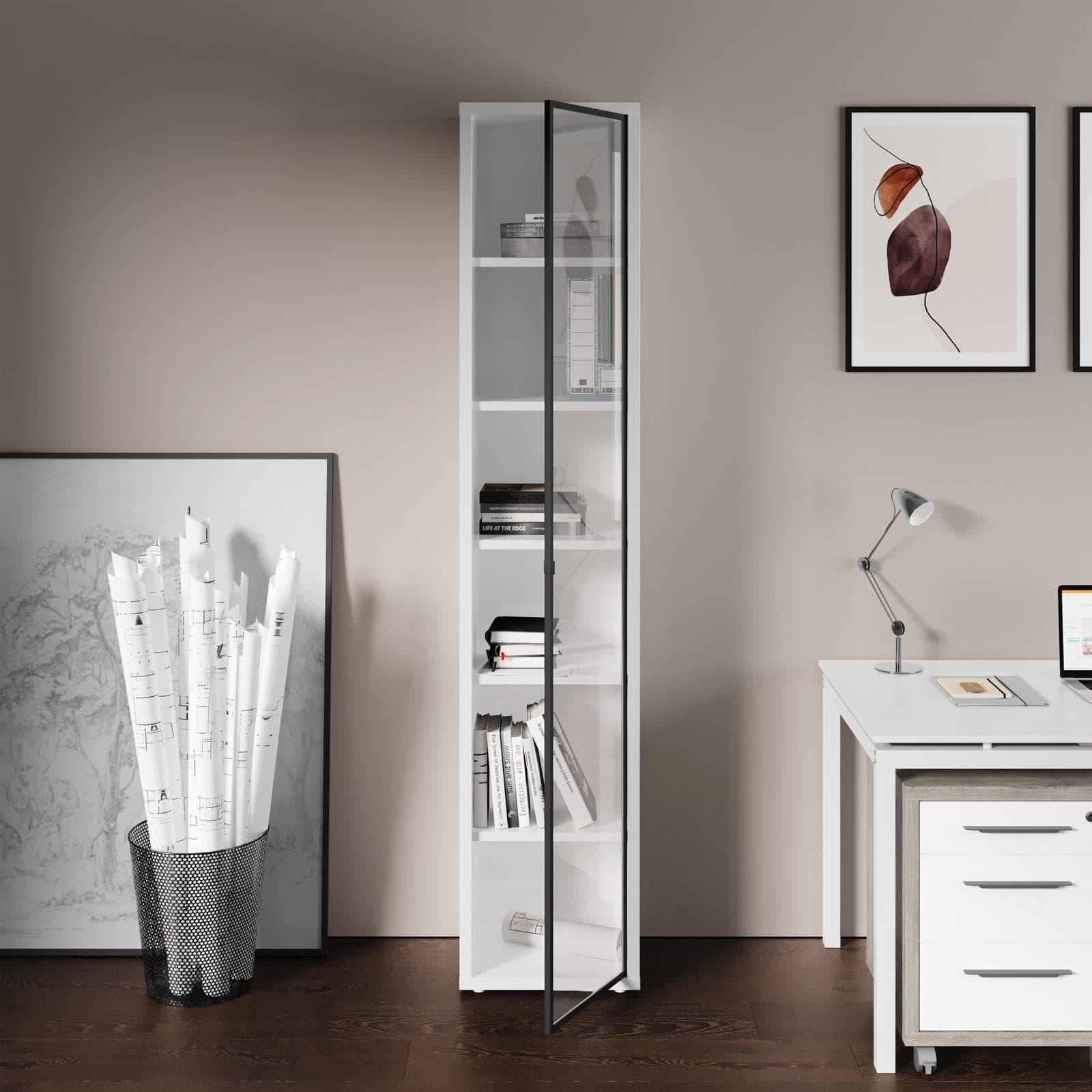 Vetrina 44x217h cm bianco lucido con anta in vetro - Homely office