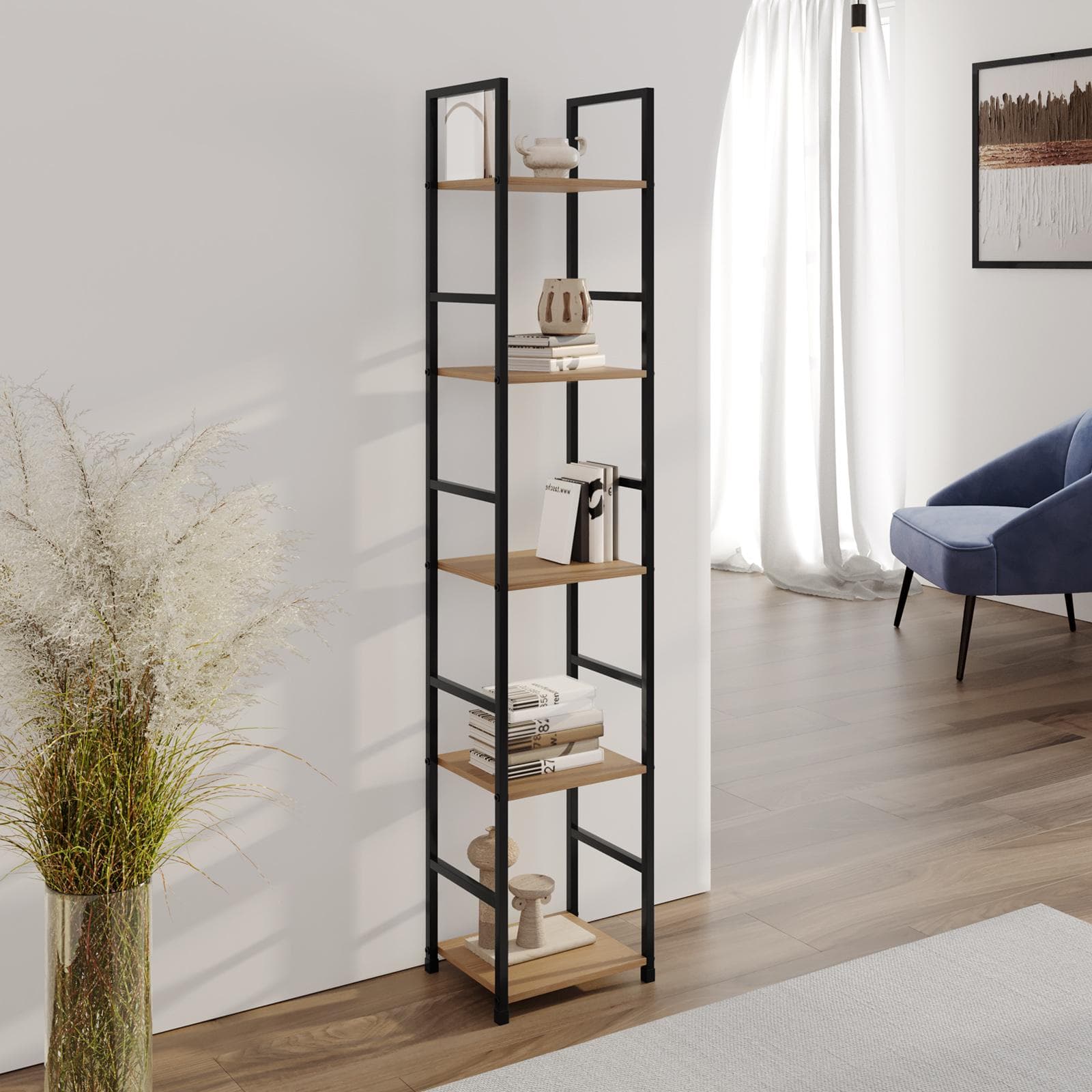 Libreria 29X144h cm in acciaio nero e legno rovere selvatico - Duke