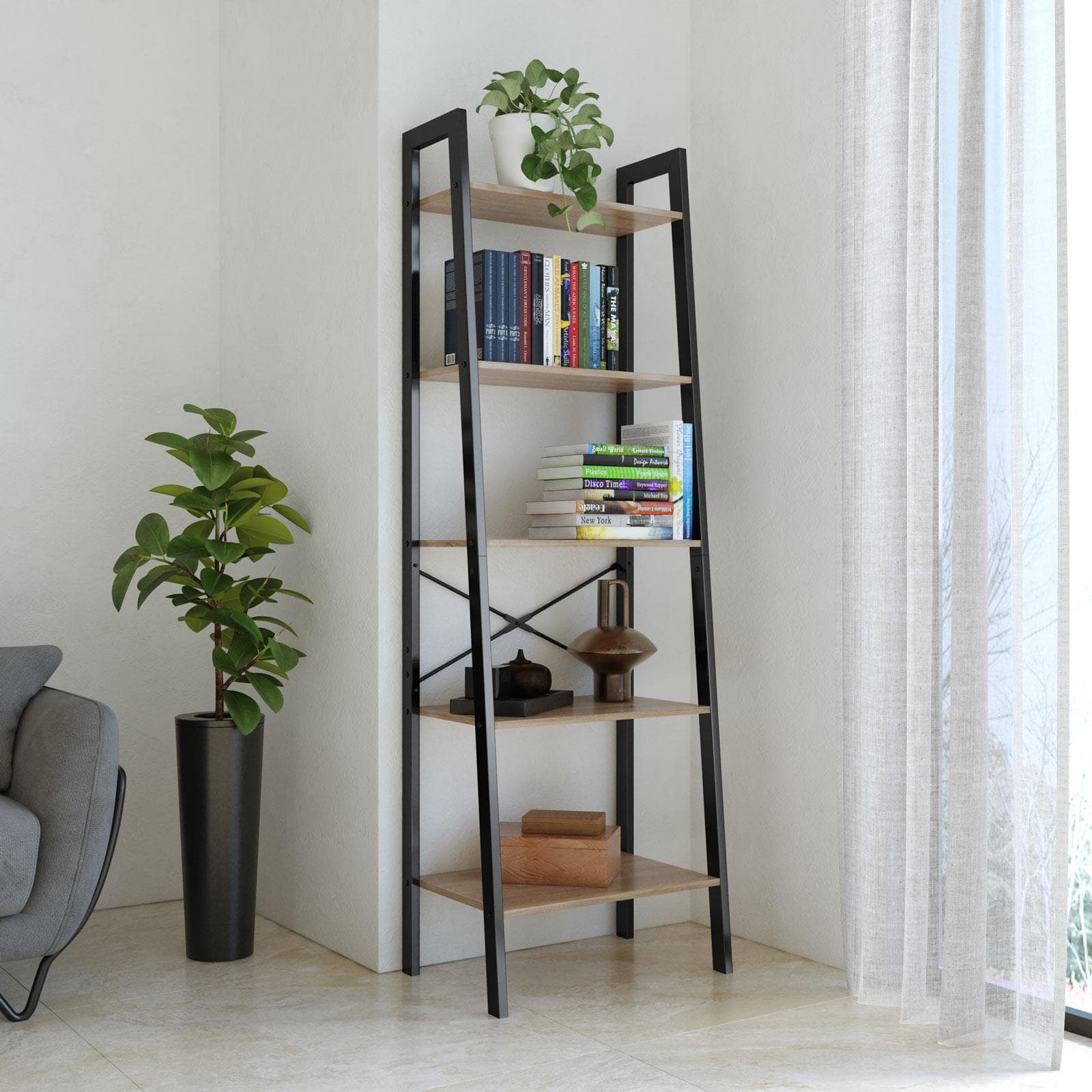 Libreria 56x172 cm effetto rovere chiaro e acciaio nero con 5 ripiani - Grim