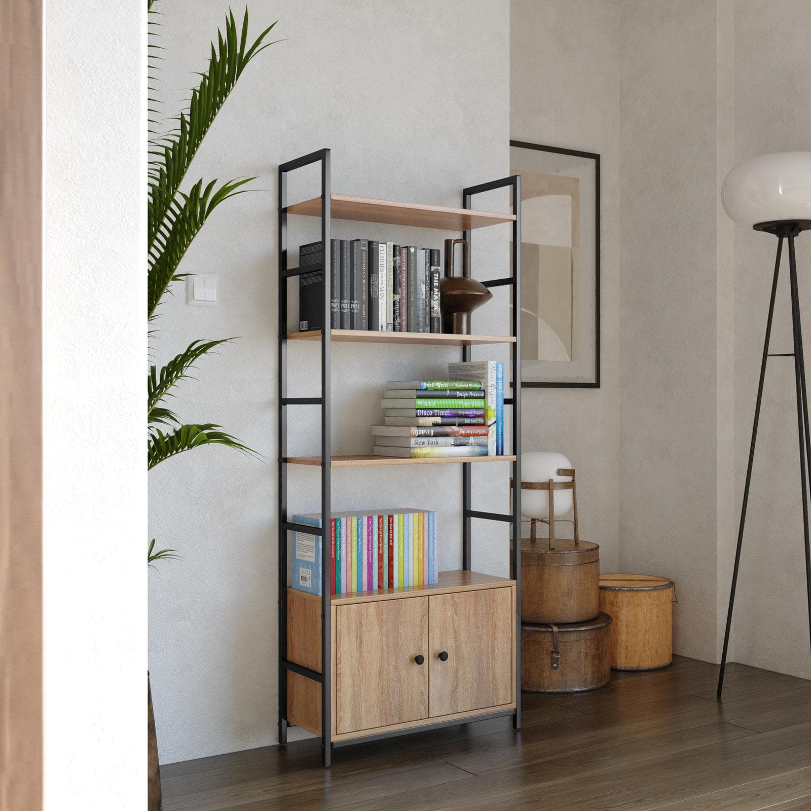 Libreria 59x144h effetto rovere selvatico con 3 ripiani e 2 ante - Shiga