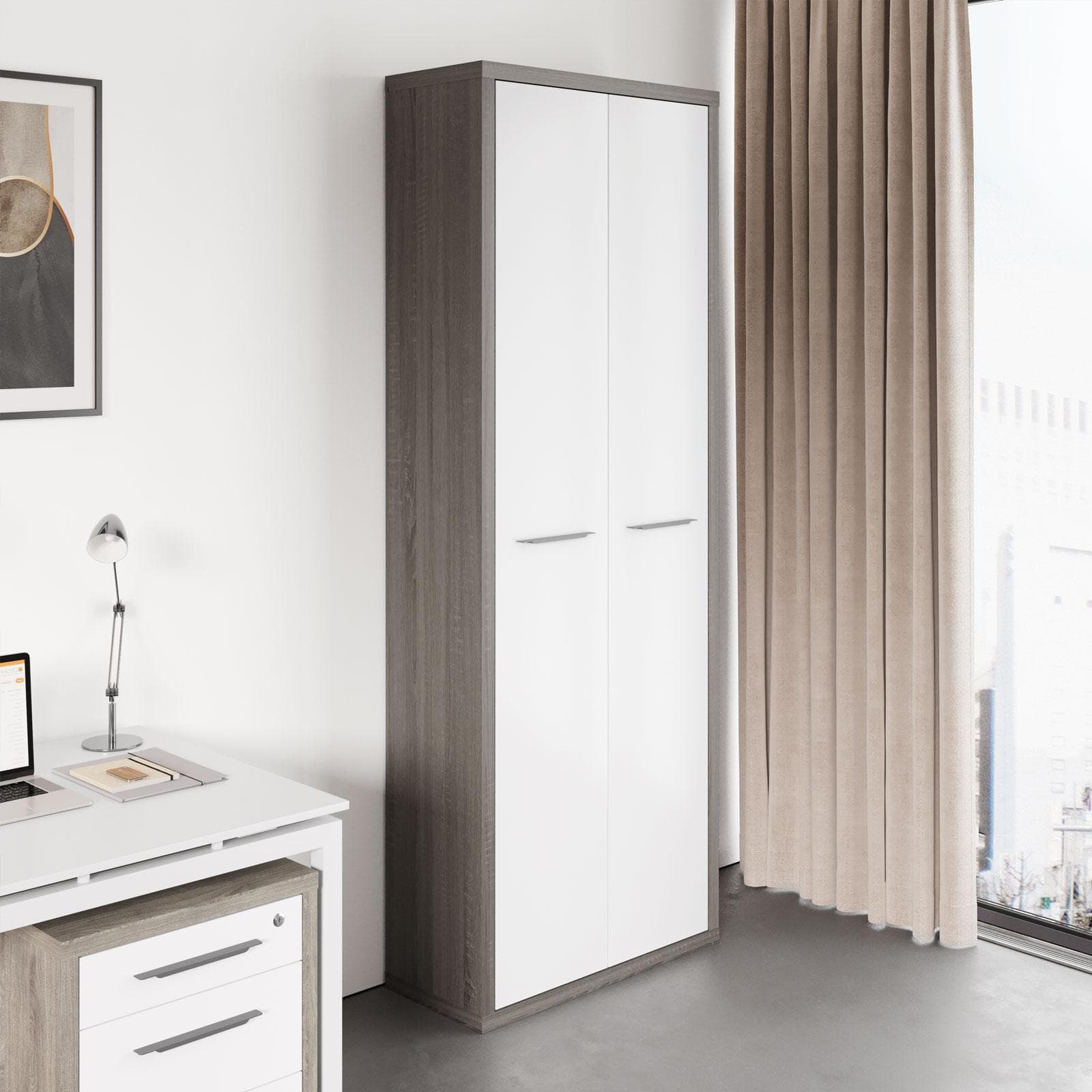 Mobile multiuso 82x217h cm rovere tartufo con 2 ante lunghe bianco lucido - Homely office