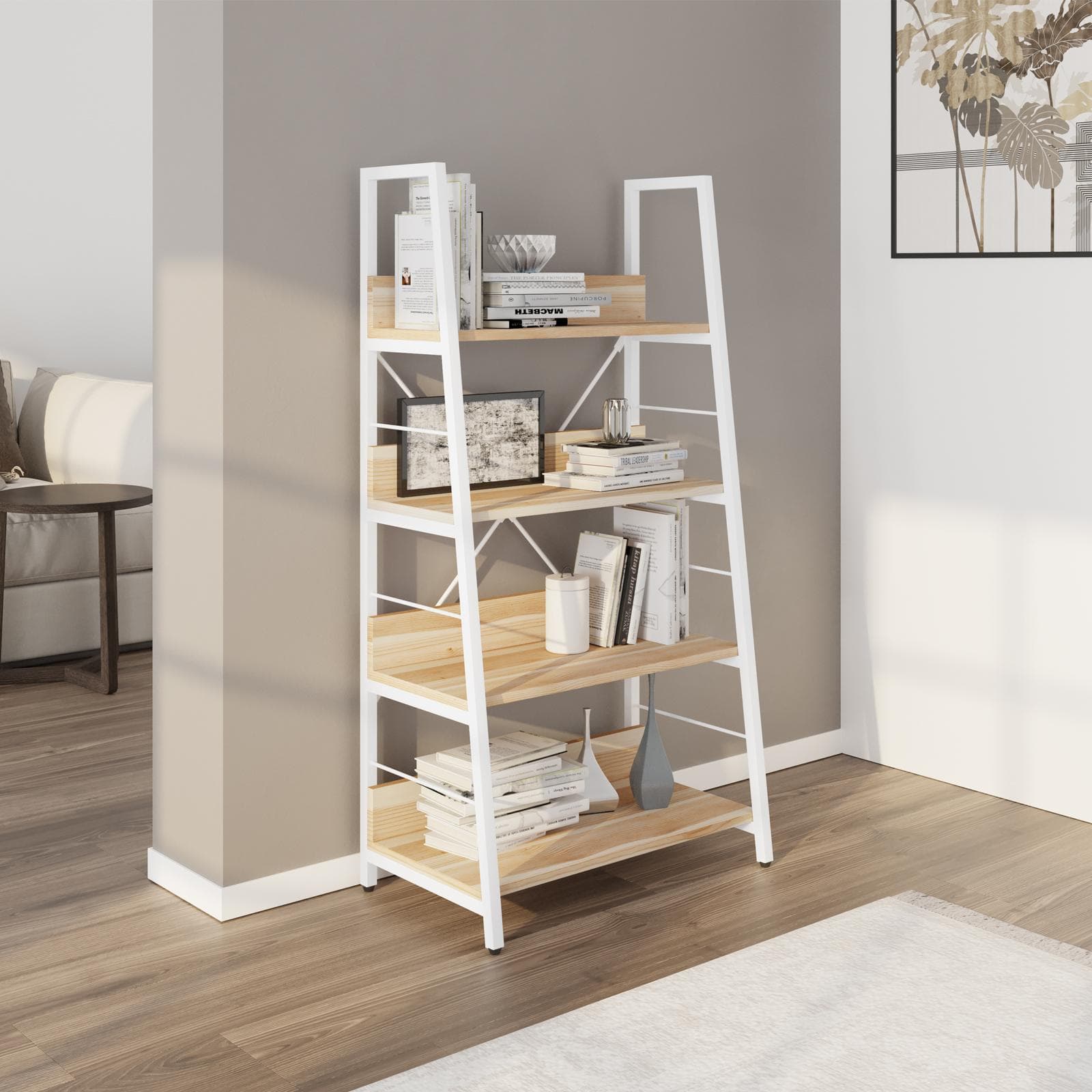 Libreria 60 x 117h cm con ripiani effetto rovere e montanti obliqui in metallo bianco - Caio