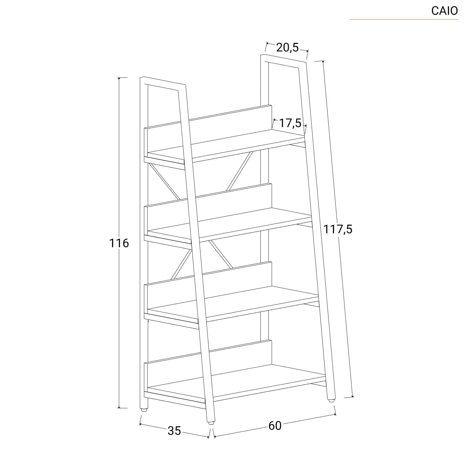 Libreria 60 x 117h cm con ripiani effetto rovere e montanti obliqui in metallo bianco - Caio
