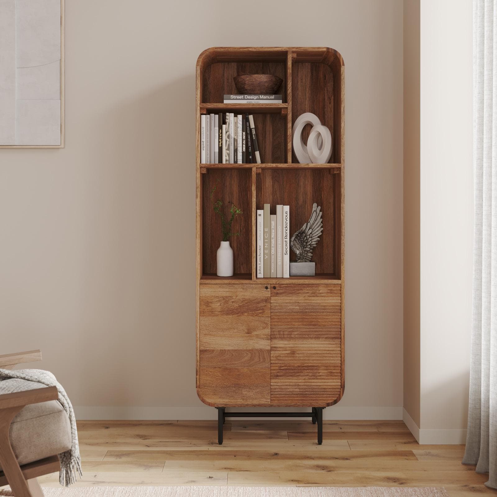 Libreria 60x160h cm in legno di mango cannettato con 2 ante - Mumbai