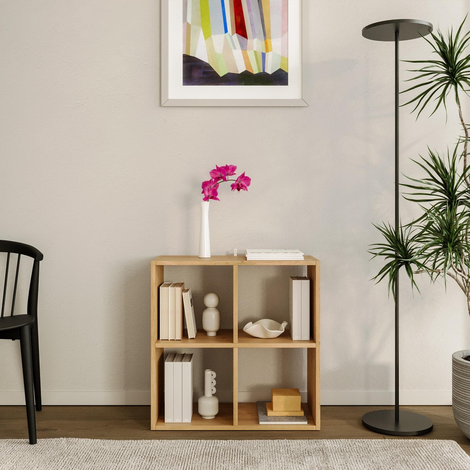 Libreria 69x69h cm in legno naturale e cannettato con 4 vani - Kloser
