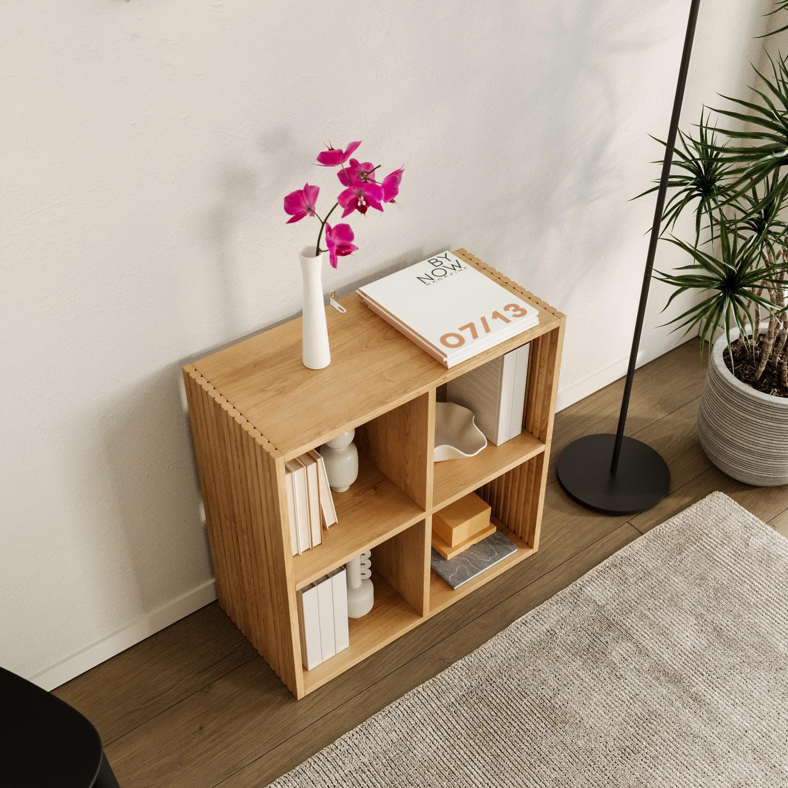 Libreria 69x69h cm in legno naturale e cannettato con 4 vani - Kloser