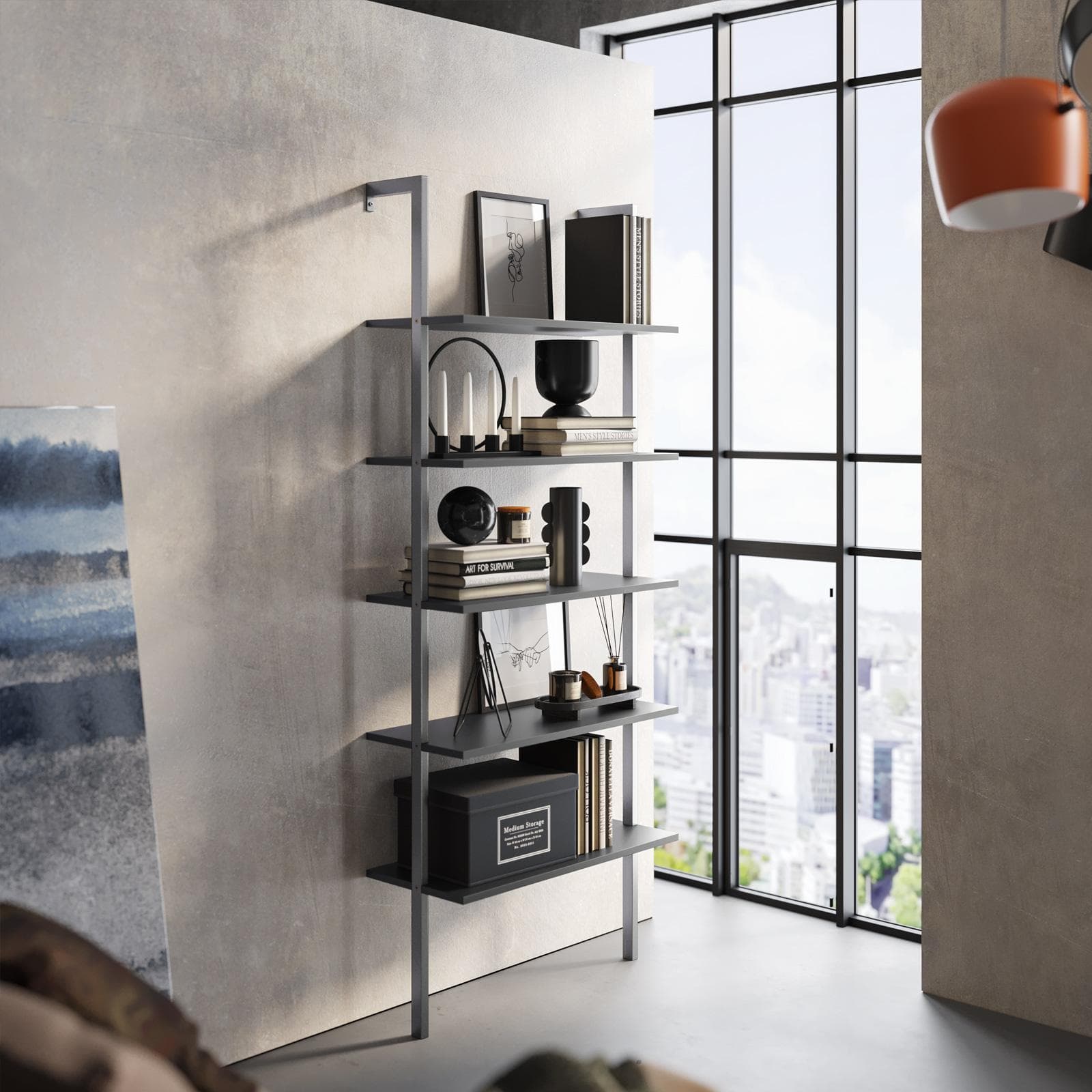Libreria 70x180h cm ripiani antracite e struttura in acciaio opaco - Multipla