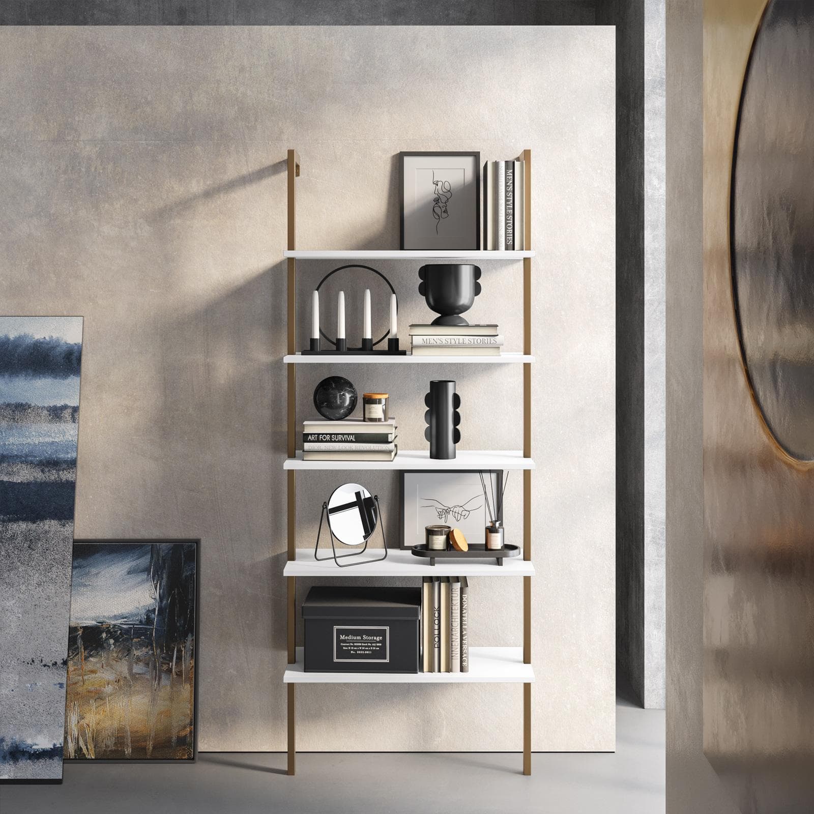 Libreria 70x180h cm ripiani bianchi e struttura in acciaio finitura oro - Multipla