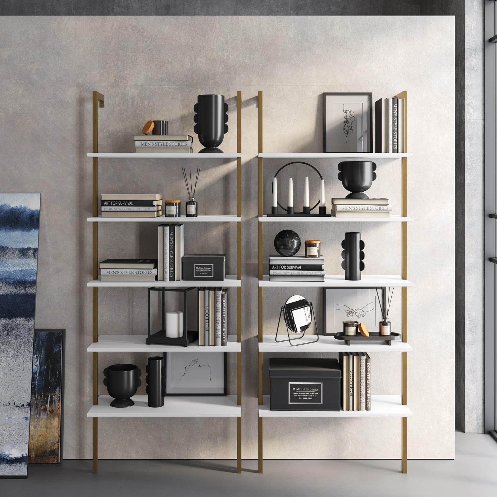 Libreria 70x180h cm ripiani bianchi e struttura in acciaio finitura oro - Multipla