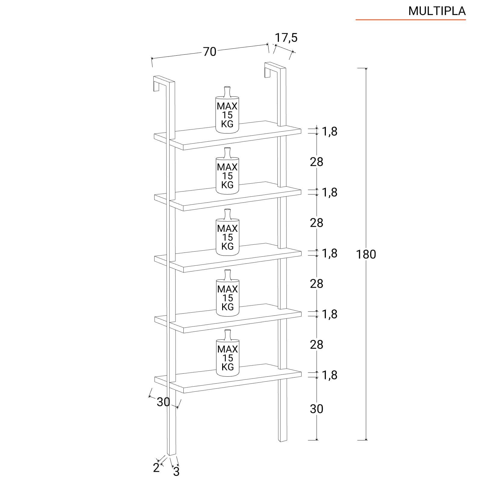 Libreria 70x180h cm ripiani bianchi e struttura in acciaio finitura oro - Multipla