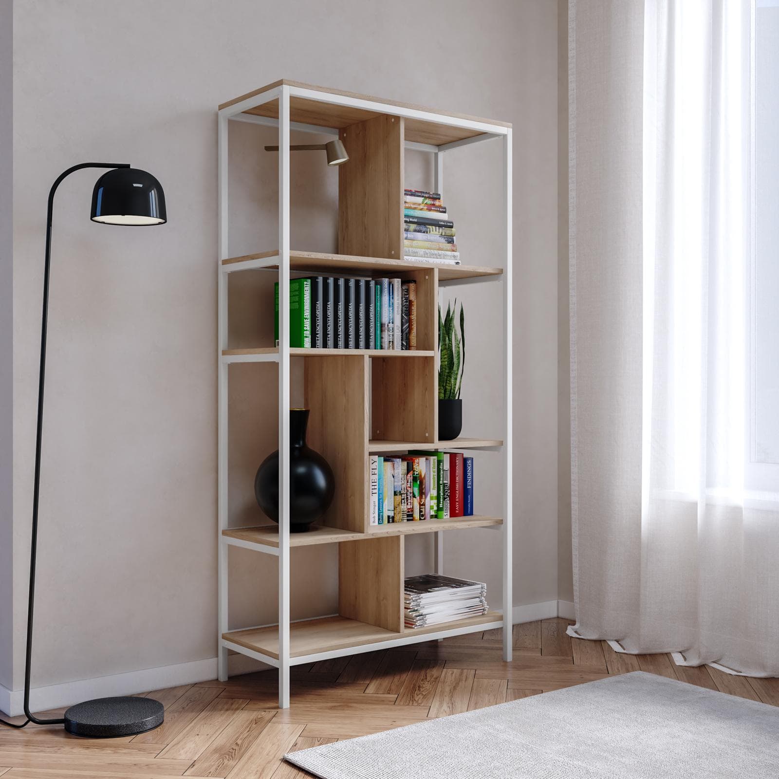 Libreria 80x160h cm rovere e bianco con 9 vani - Levy