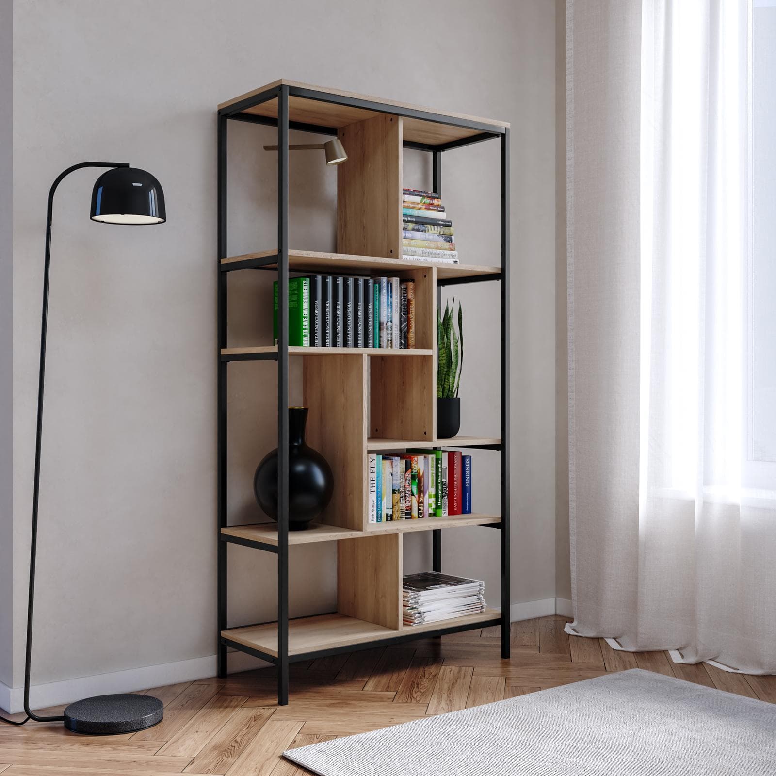 Libreria 80x160h cm rovere e nero con 9 vani - Levy