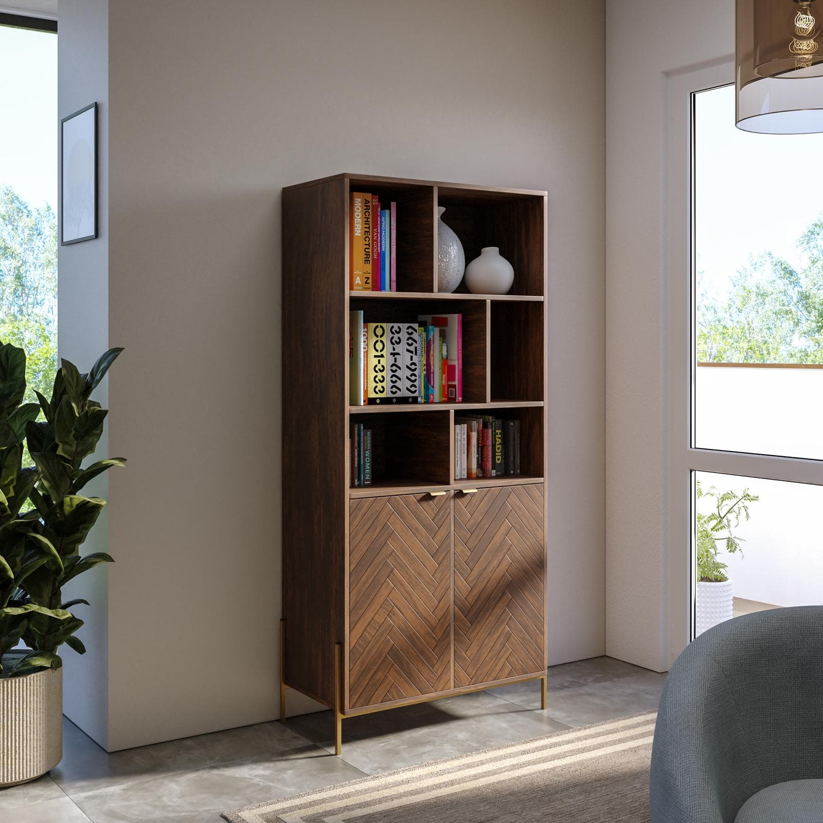 Libreria 80x172h cm in legno noce effetto parquet con 2 ante e struttura in metallo oro bronzato - Mufasa