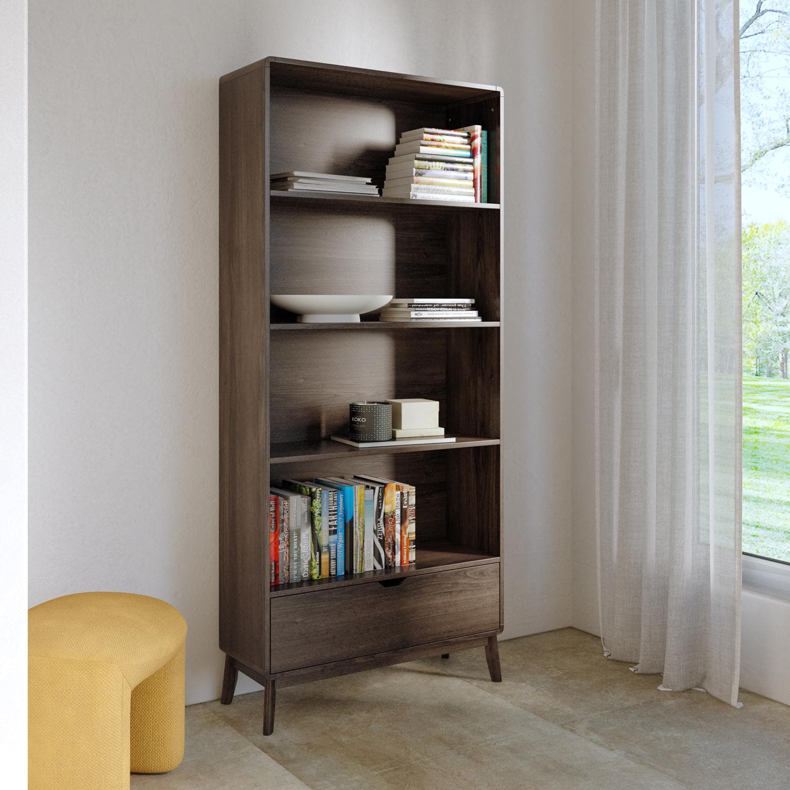 Libreria 80x180h cm in legno rovere kover con 4 vani a giorno e 1 cassetto - Ember