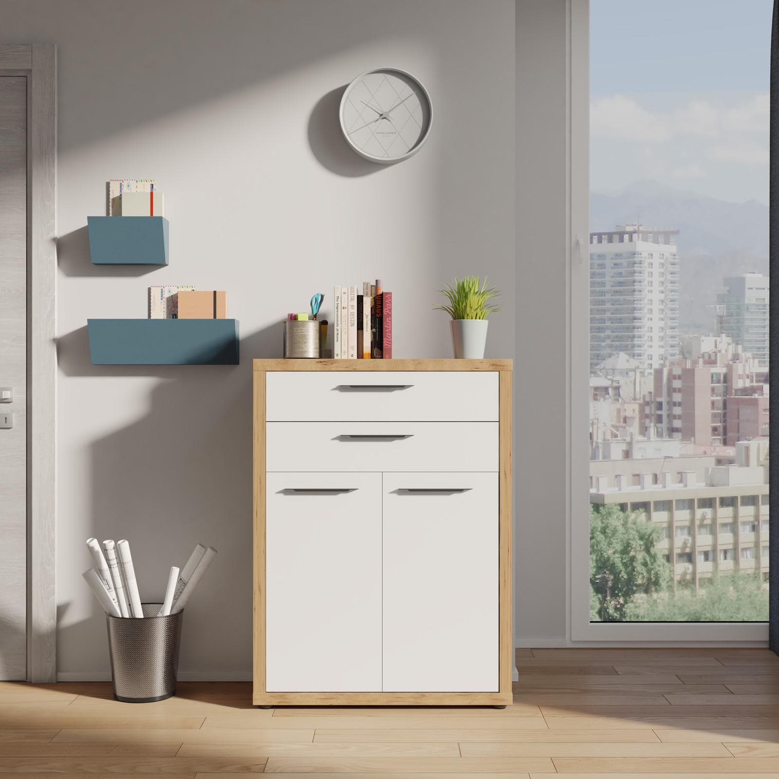 Mobile multiuso 82x112h cm rovere artisan con 2 ante e 2 cassetti bianco lucido - Homely office