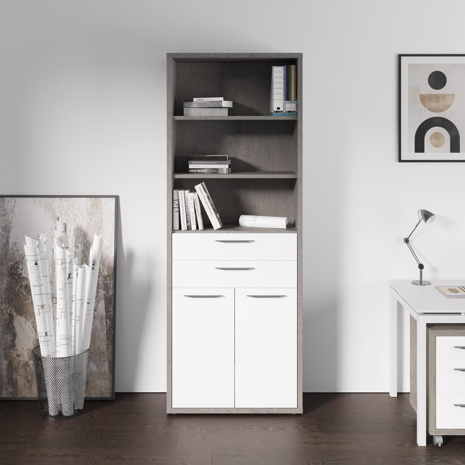 Libreria 82x217h cm grigio cemento con 2 ante e 2 cassetti bianco lucido- Homely office