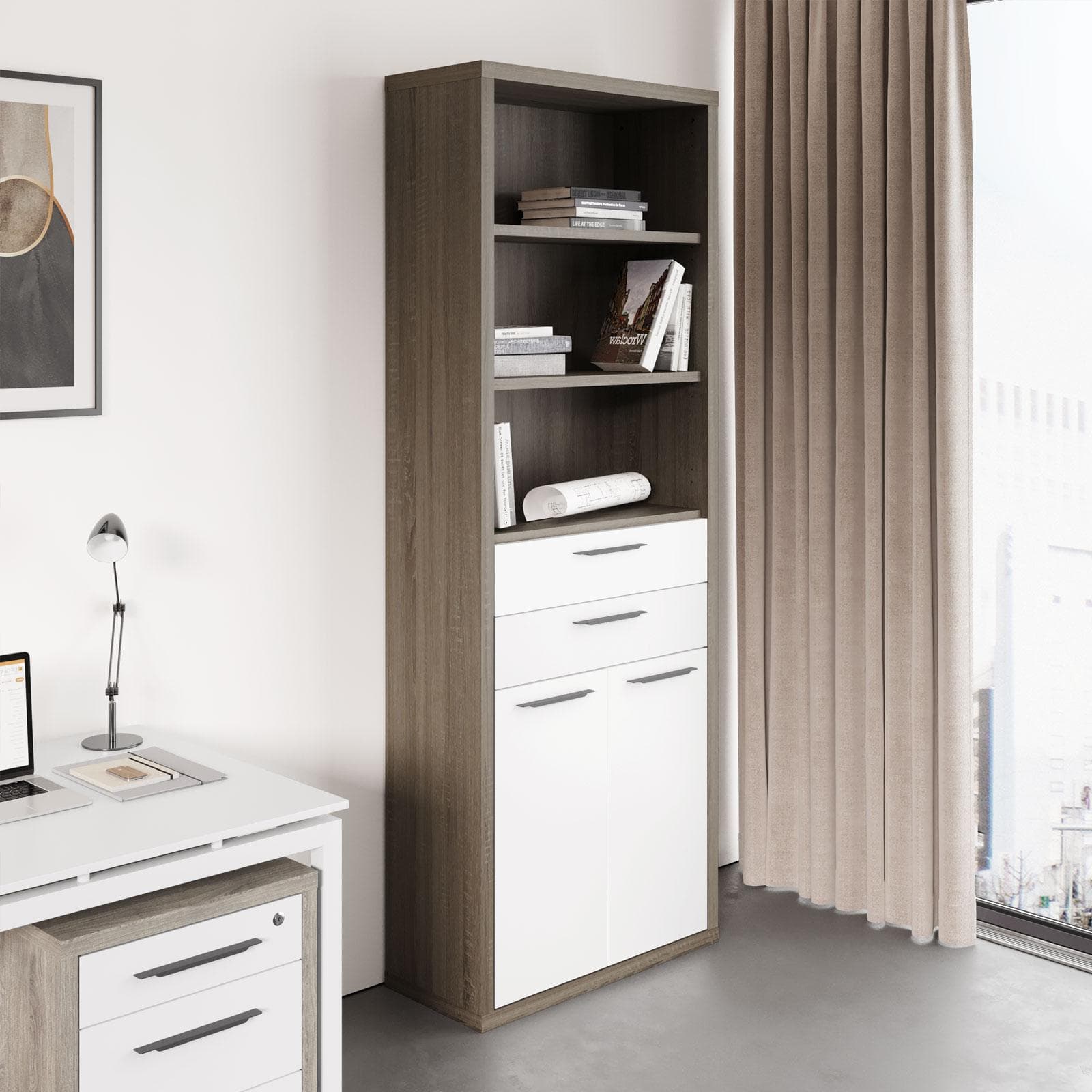 Libreria 82x217h cm in legno rovere scuro e bianco lucido - Homely office