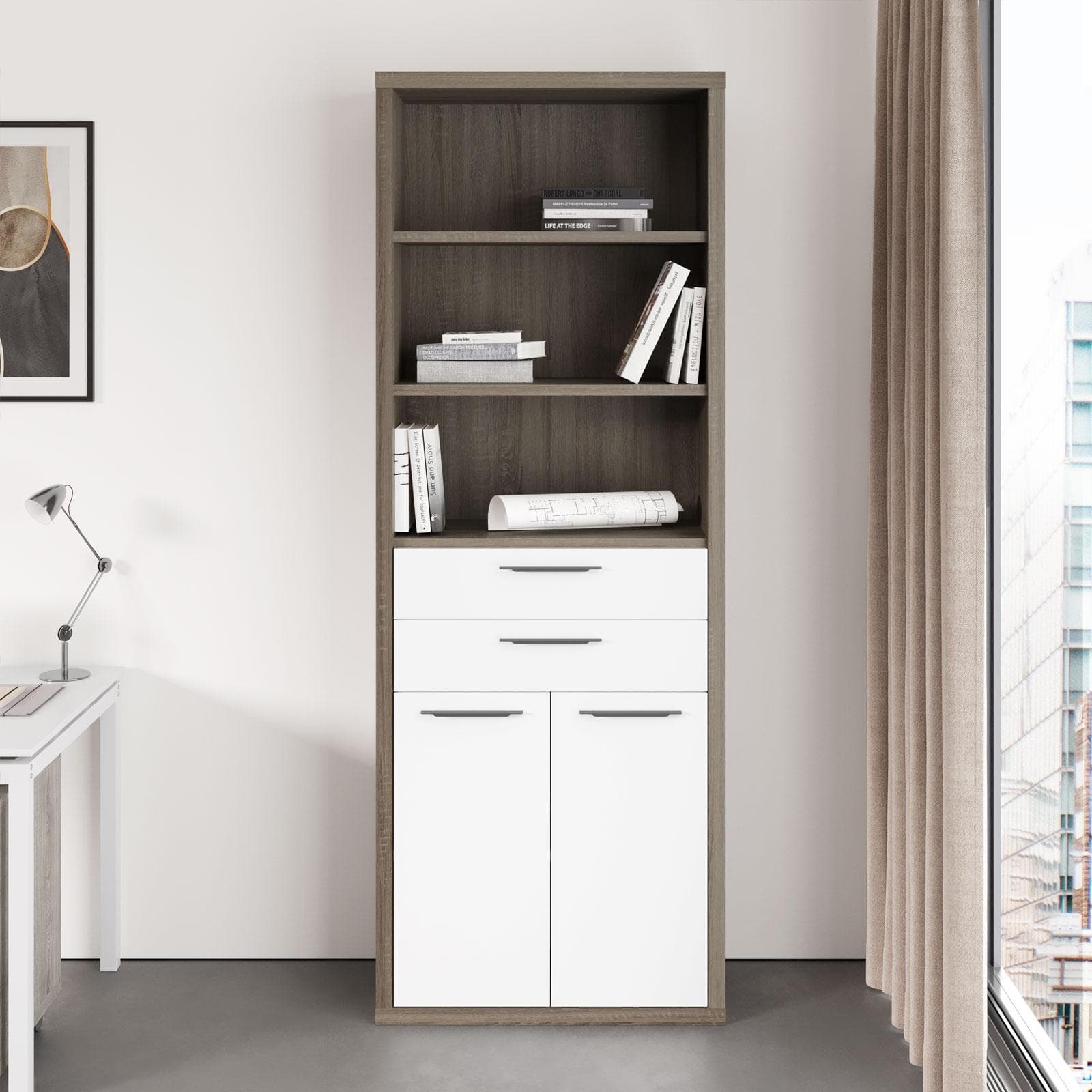 Libreria 82x217h cm in legno rovere scuro e bianco lucido - Homely office