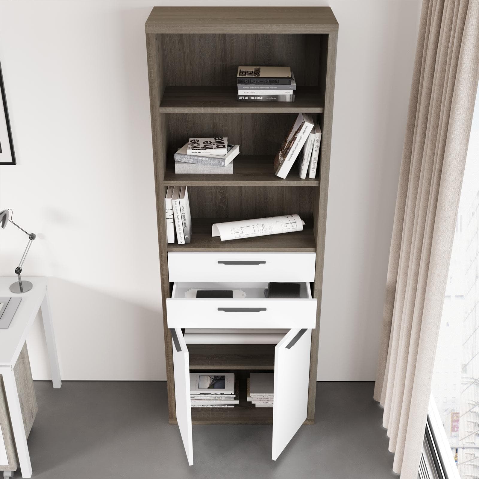 Libreria 82x217h cm in legno rovere scuro e bianco lucido - Homely office