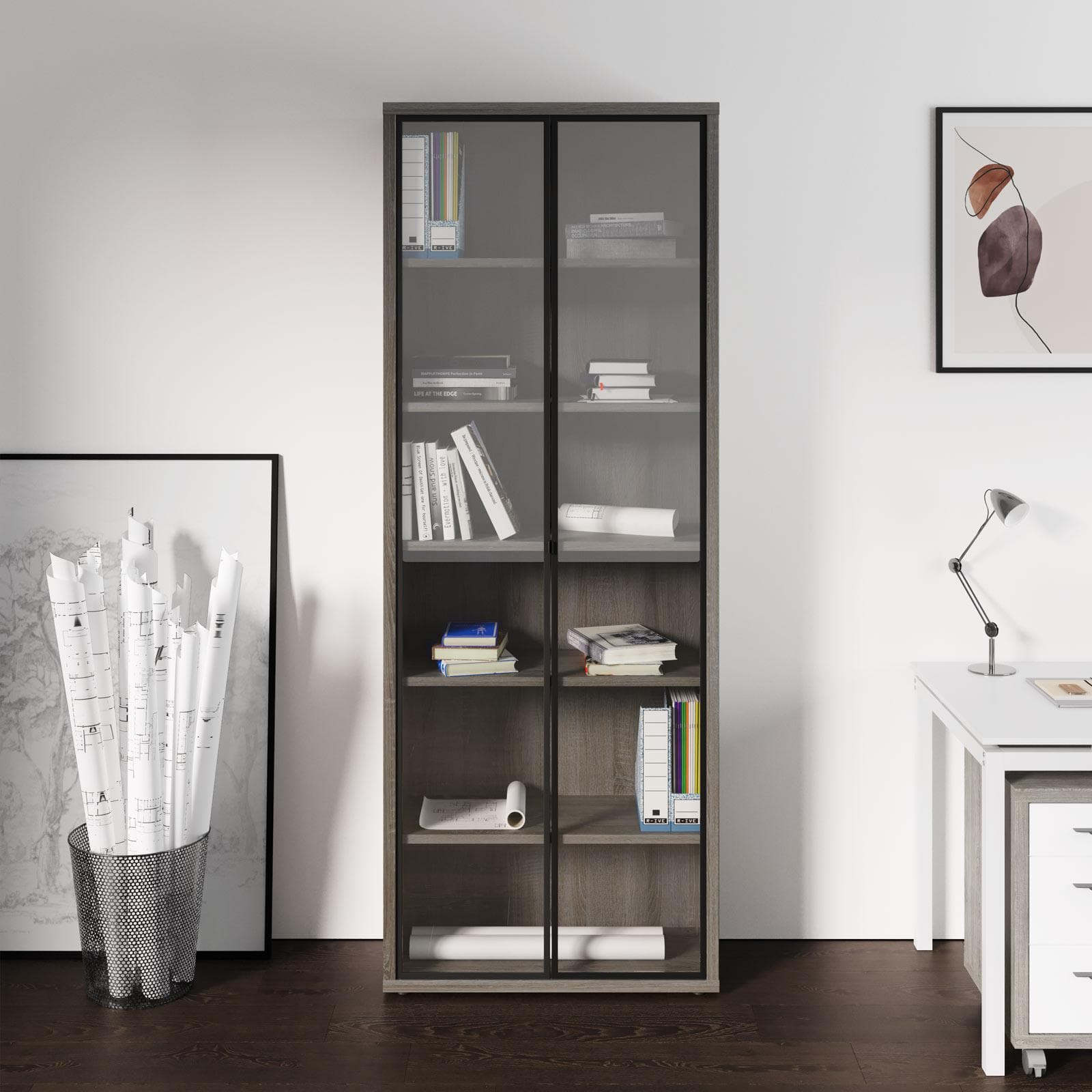 Libreria 82x217h cm rovere tartufo con 2 ante in vetro - Homely office