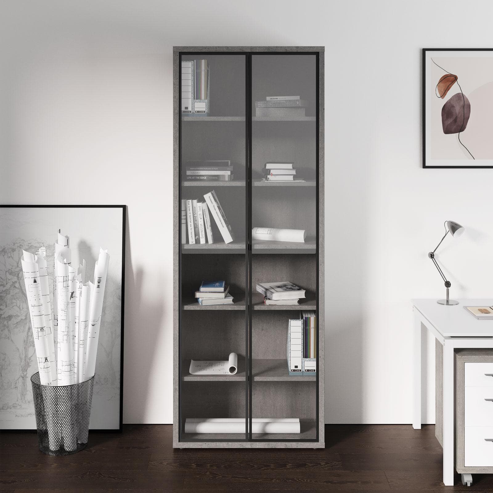 Libreria 82x217h cm grigio cemento con 2 ante in vetro - Homely office