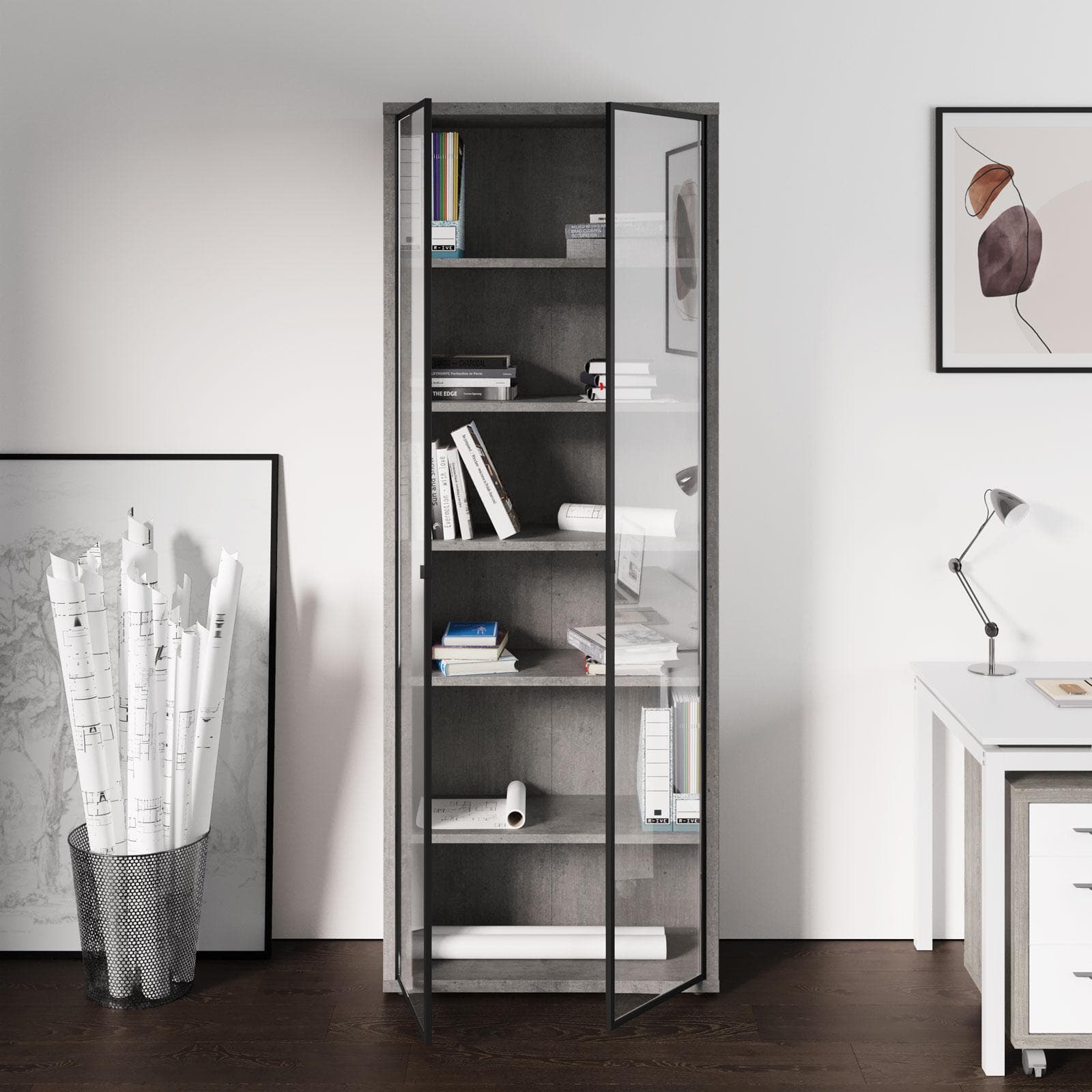Libreria 82x217h cm grigio cemento con 2 ante in vetro - Homely office