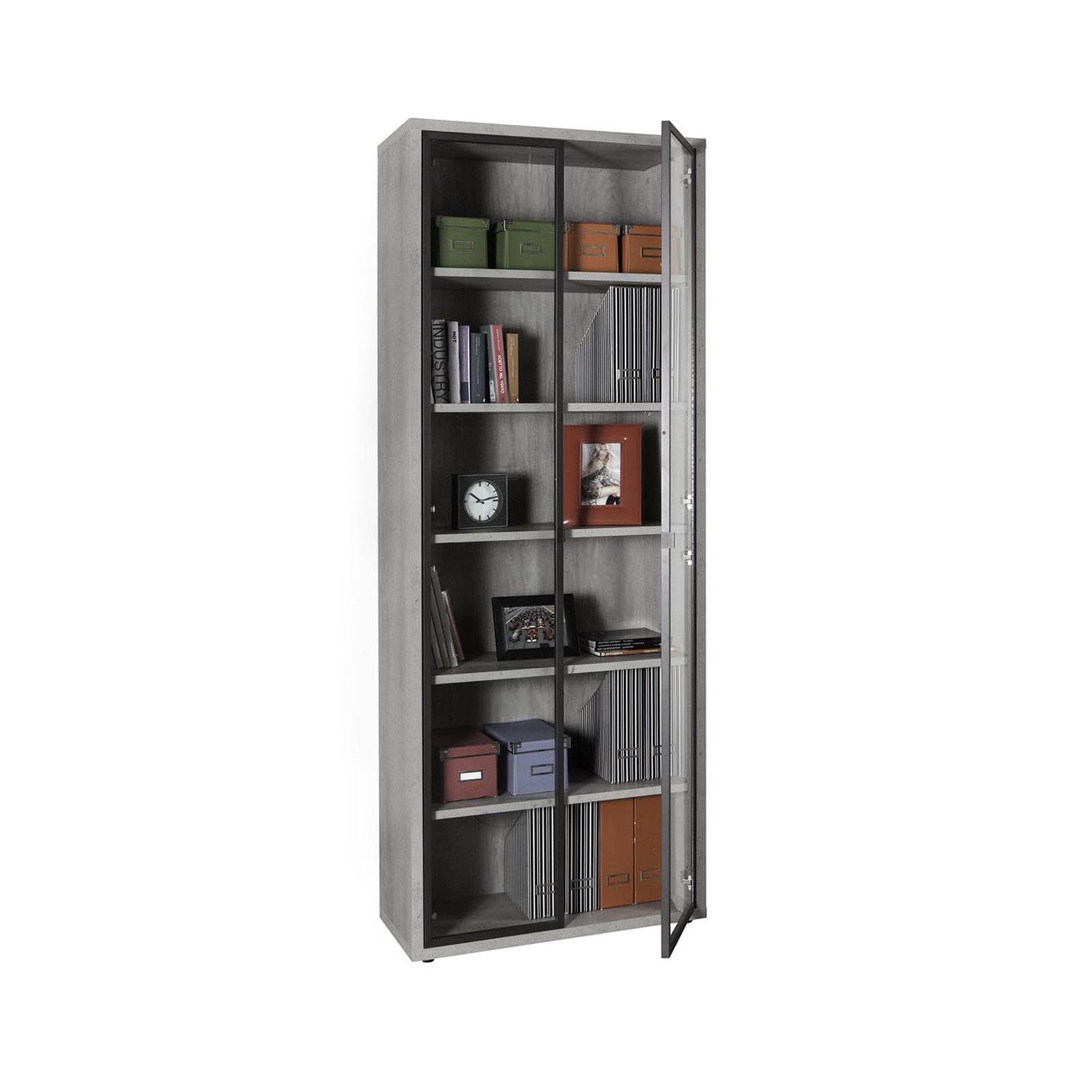 Libreria 82x217h cm grigio cemento con 2 ante in vetro - Homely office