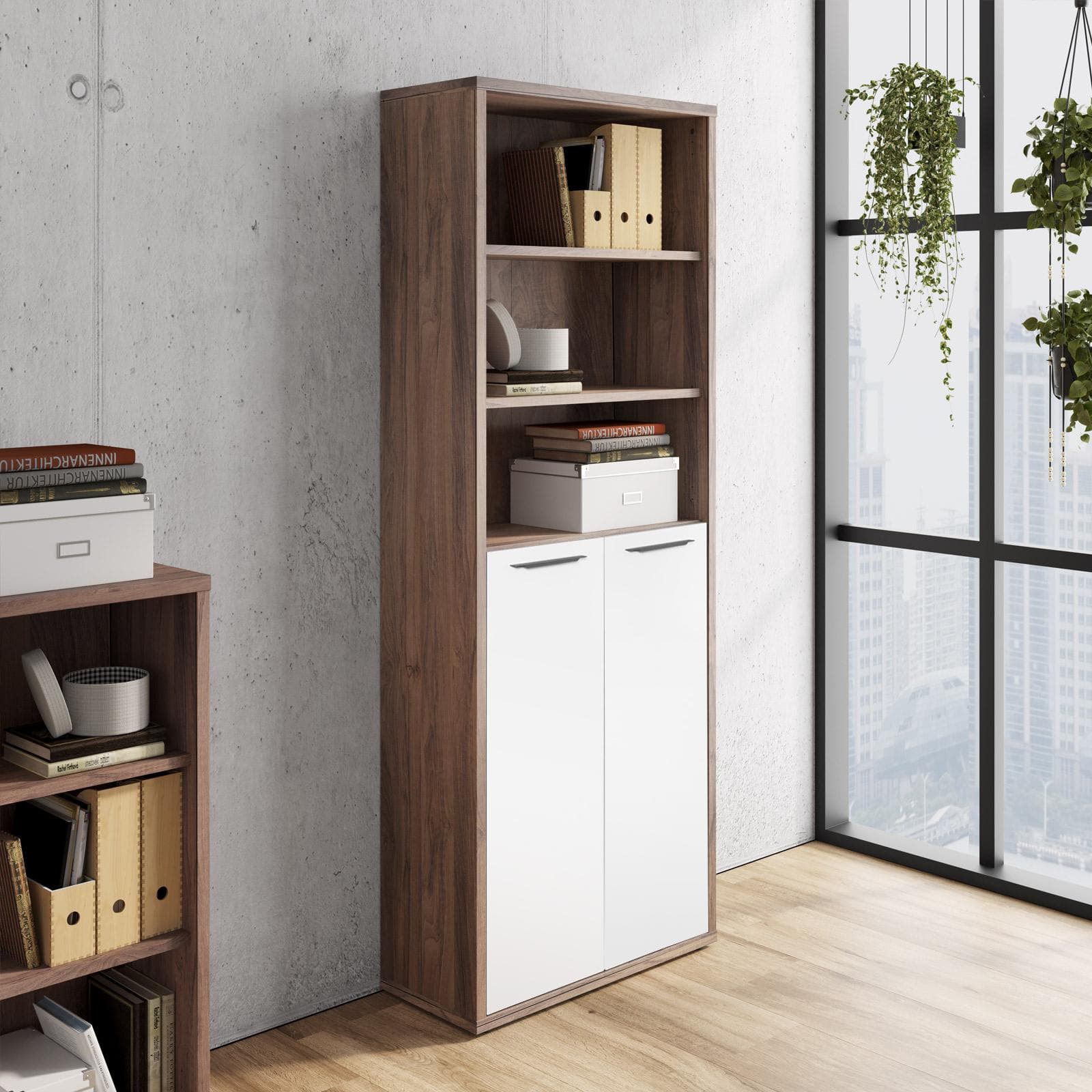 Libreria 82x217h cm noce brera con 2 ante basse bianco lucido - Historic brown