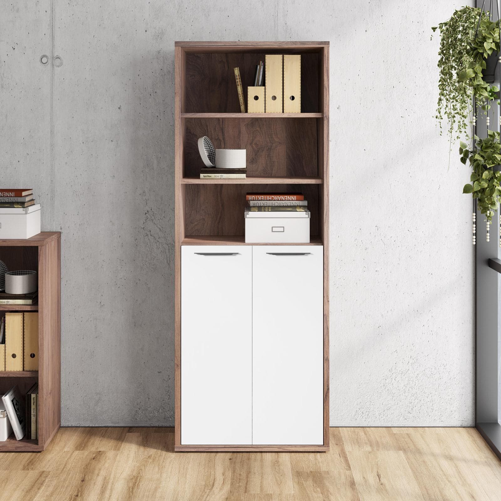 Libreria 82x217h cm noce brera con 2 ante basse bianco lucido - Historic brown