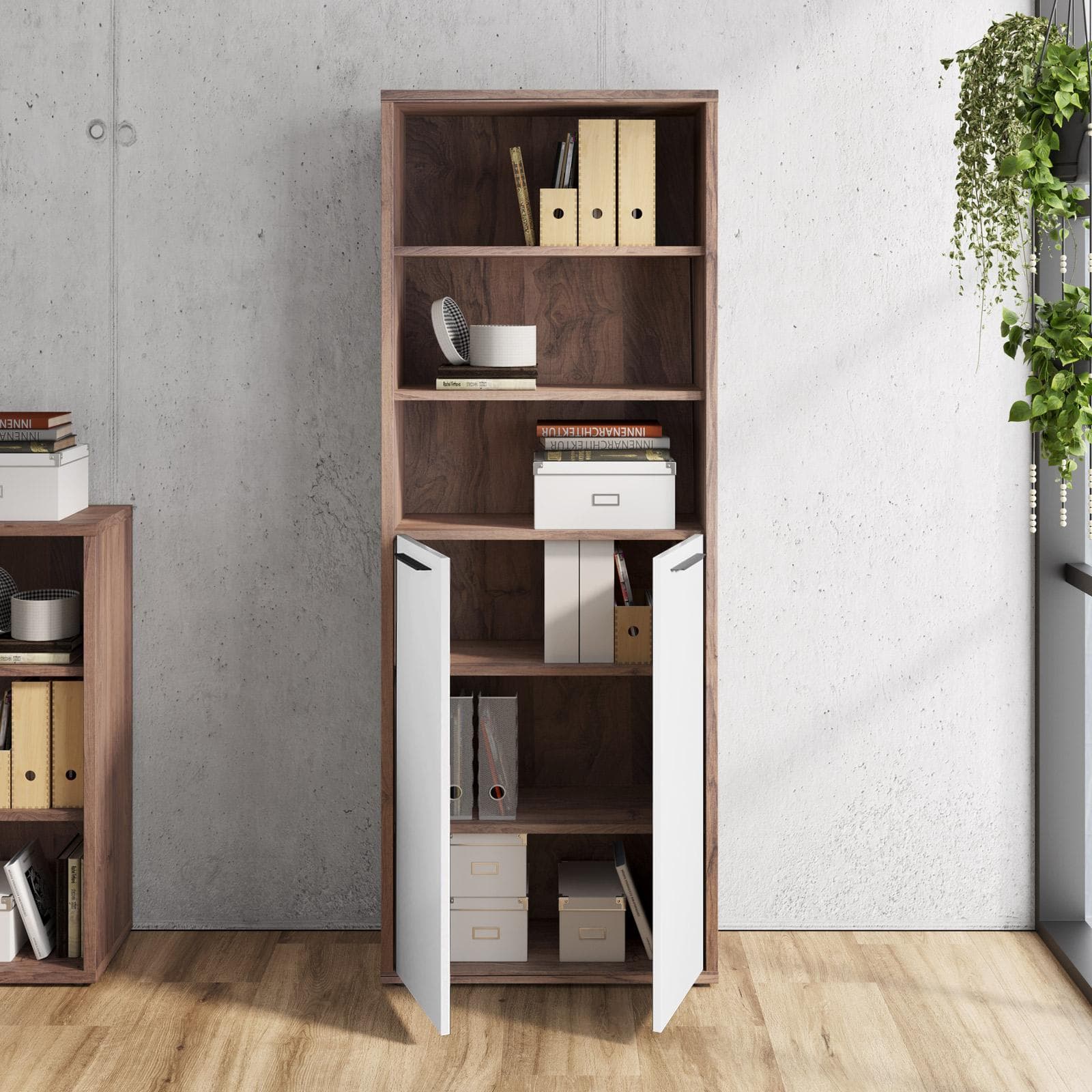 Libreria 82x217h cm noce brera con 2 ante basse bianco lucido - Historic brown